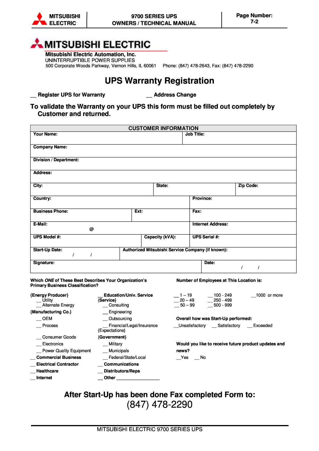 Mitsubishi Electronics 9700 Series UPS Warranty Registration, After Start-Up has been done Fax completed Form to 