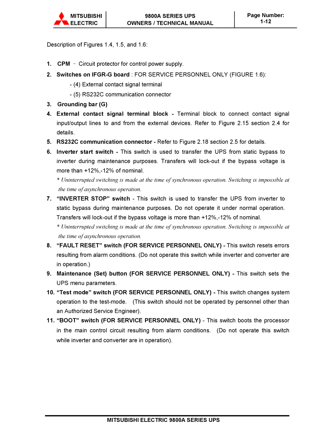 Mitsubishi Electronics 9800A SERIES technical manual Mitsubishi 9800A Series UPS 