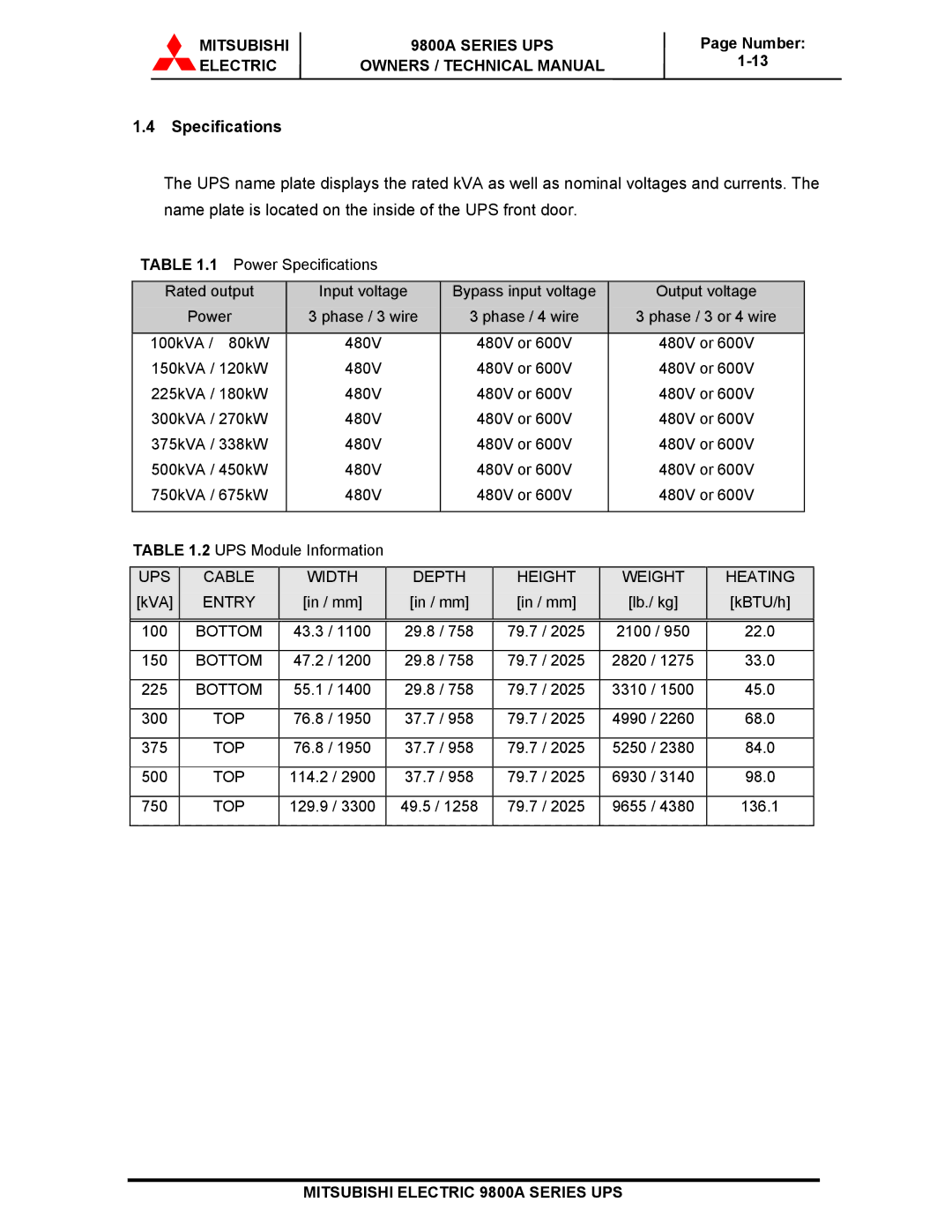 Mitsubishi Electronics 9800A SERIES technical manual Specifications 