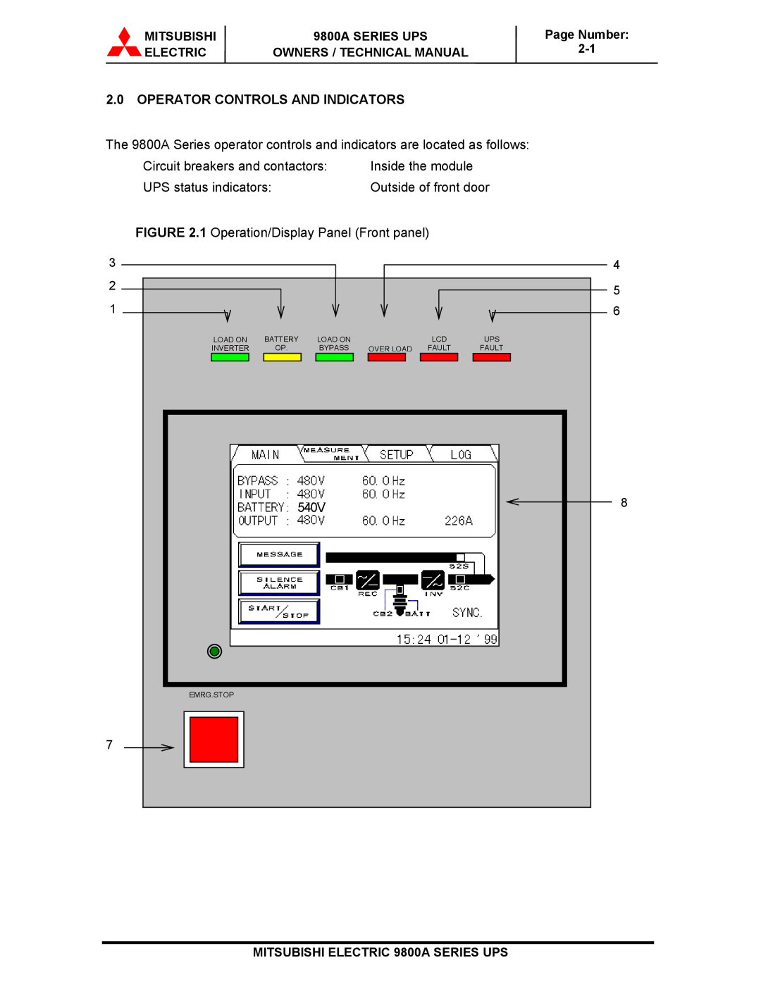 Mitsubishi Electronics 9800A SERIES technical manual Operator Controls and Indicators, 540V 