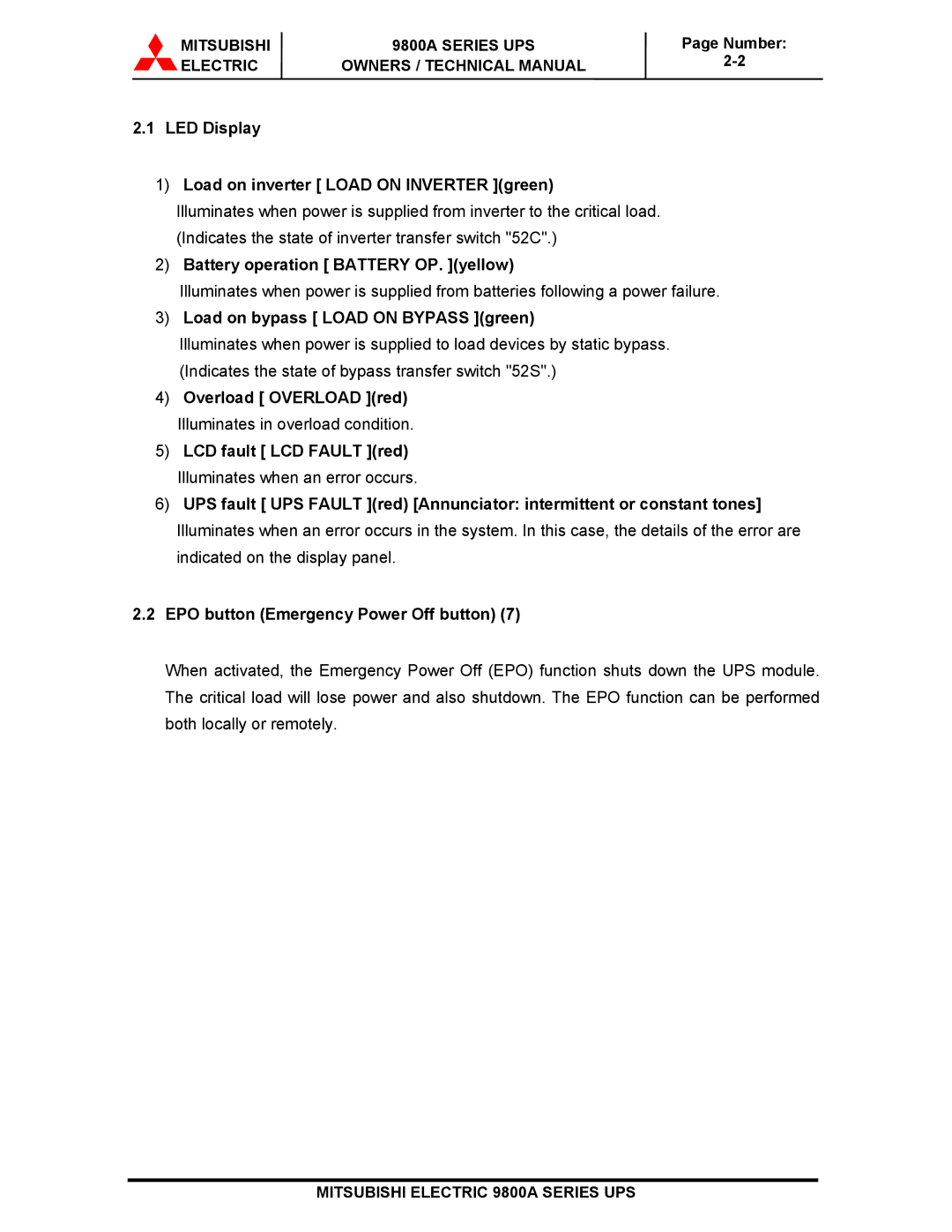 Mitsubishi Electronics 9800A SERIES technical manual LED Display Load on inverter Load on Inverter green 