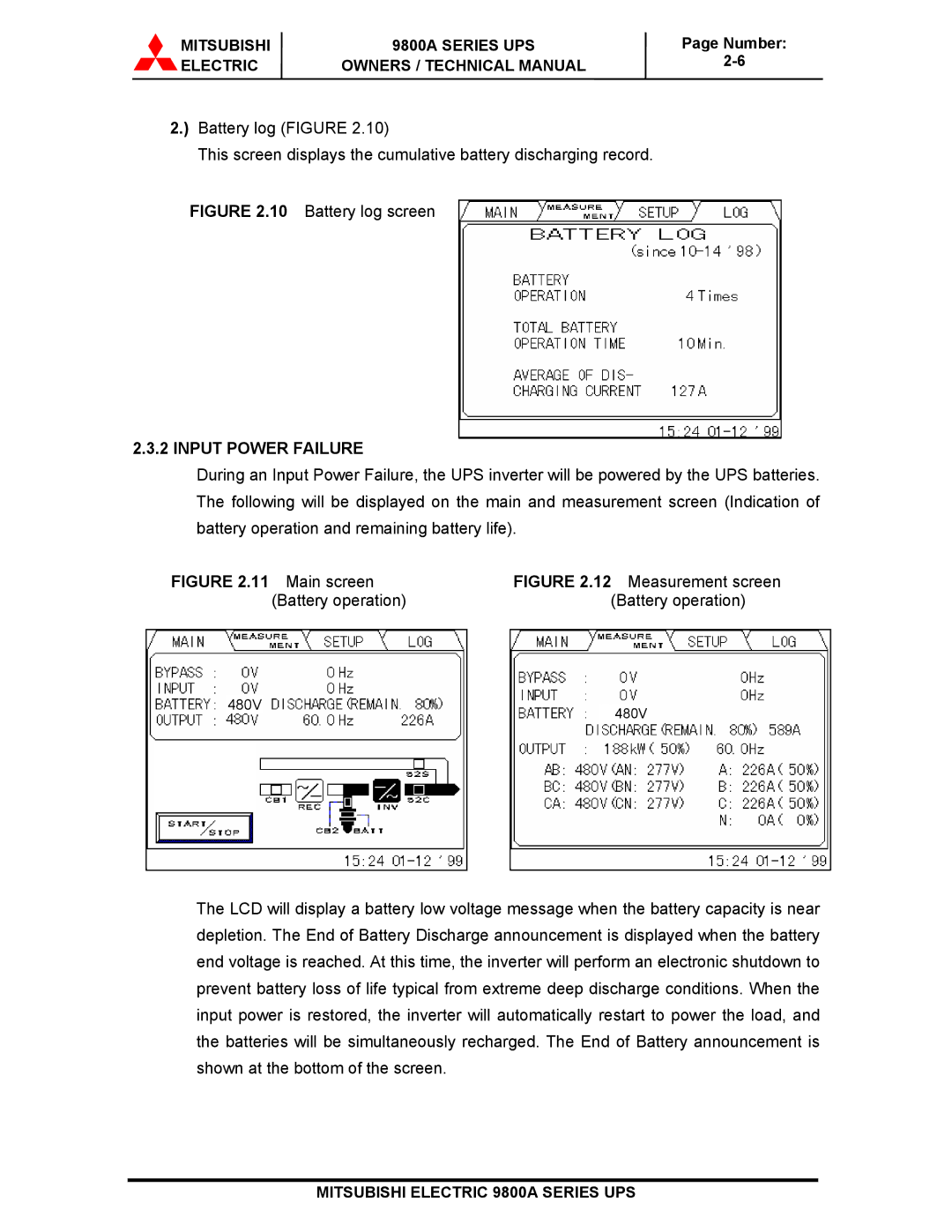 Mitsubishi Electronics 9800A SERIES technical manual Input Power Failure, Main screen 