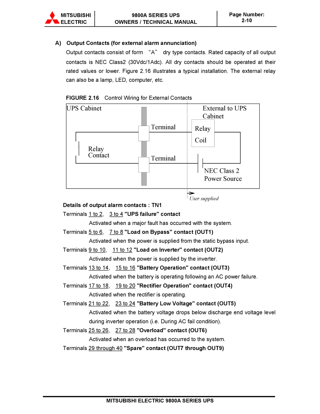 Mitsubishi Electronics 9800A SERIES Output Contacts for external alarm annunciation, Control Wiring for External Contacts 