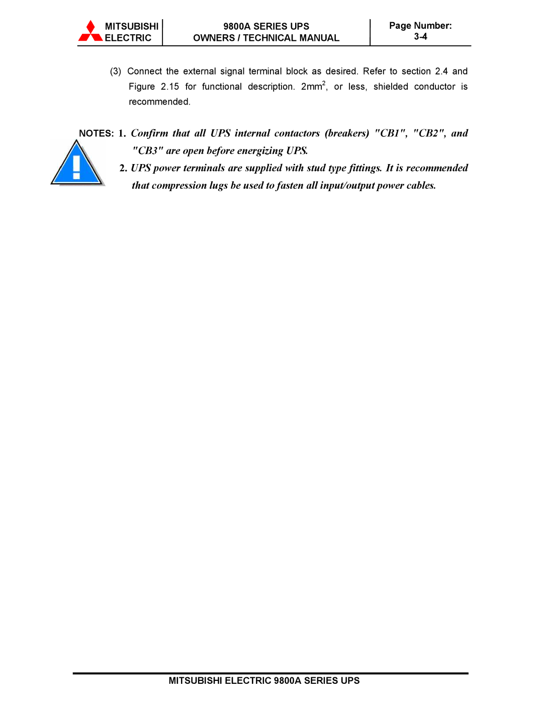 Mitsubishi Electronics 9800A SERIES technical manual Mitsubishi 9800A Series UPS 