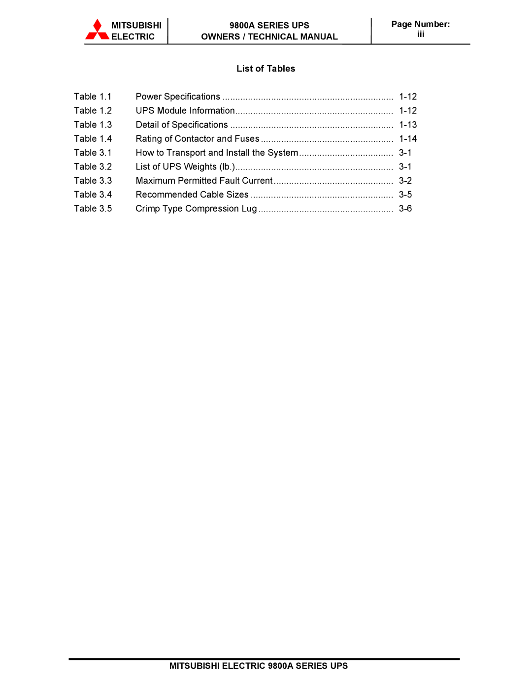 Mitsubishi Electronics 9800A SERIES technical manual List of Tables 