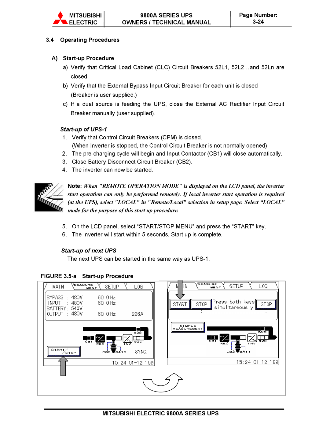 Mitsubishi Electronics 9800A SERIES technical manual Operating Procedures Start-up Procedure, A Start-up Procedure 