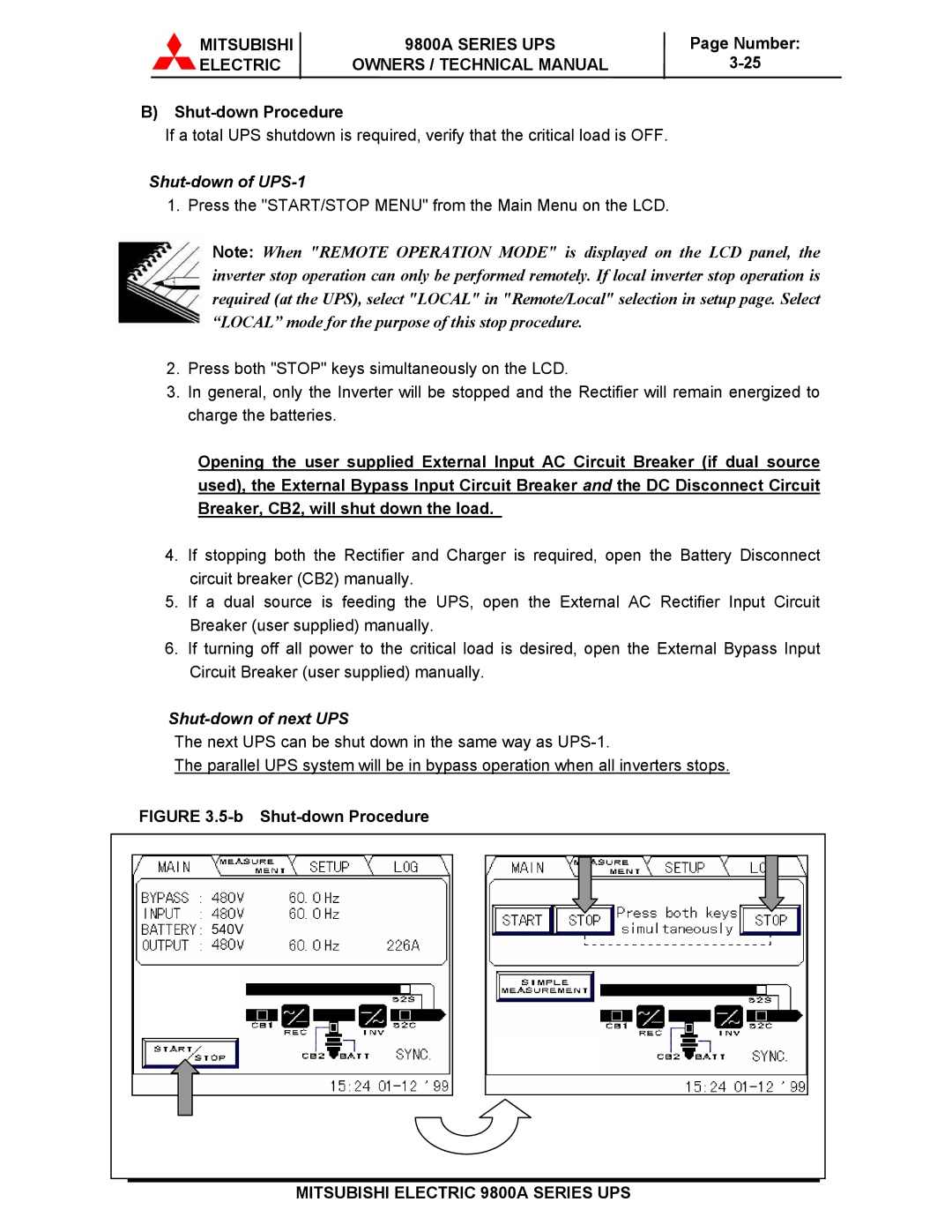 Mitsubishi Electronics 9800A SERIES technical manual B Shut-down Procedure 