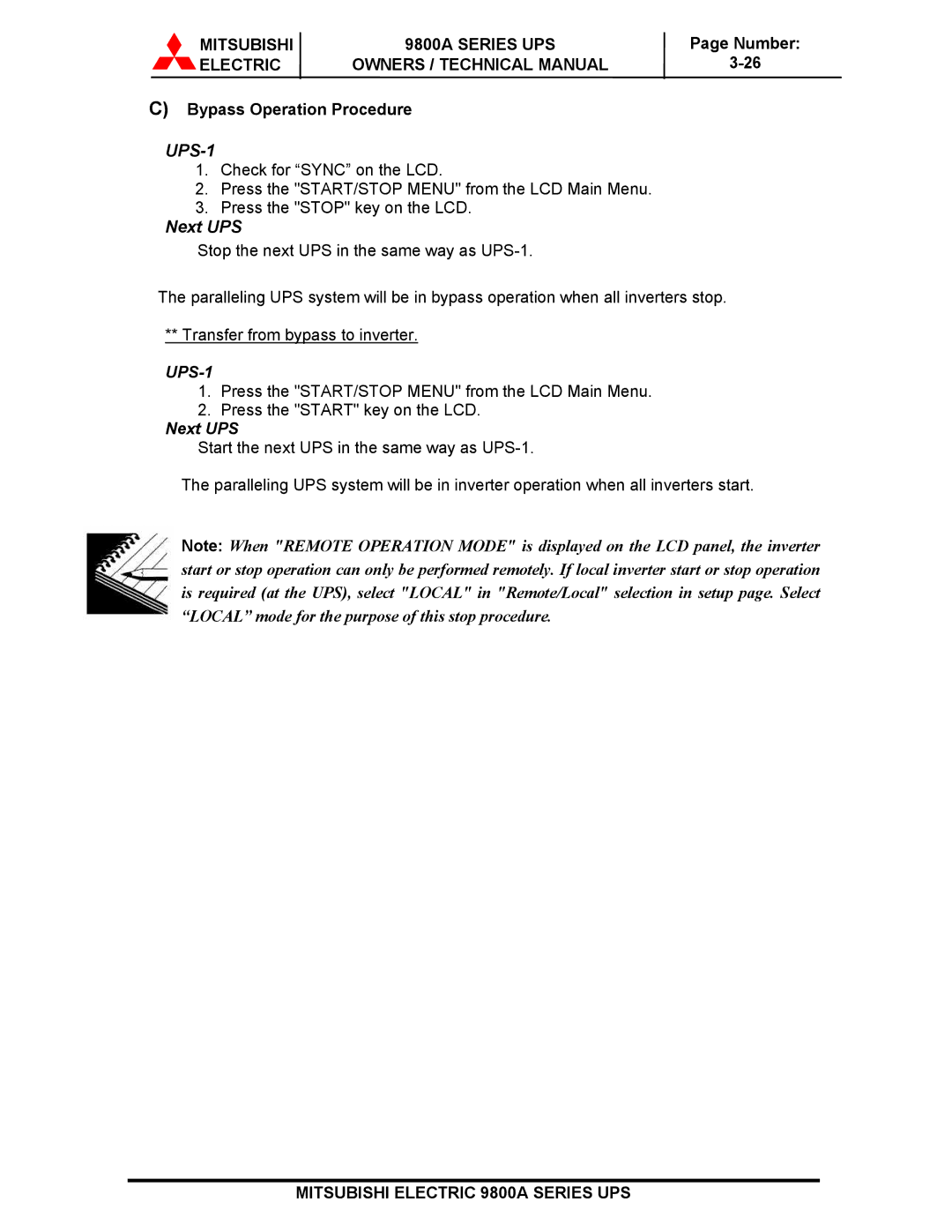 Mitsubishi Electronics 9800A SERIES technical manual UPS-1, Bypass Operation Procedure 