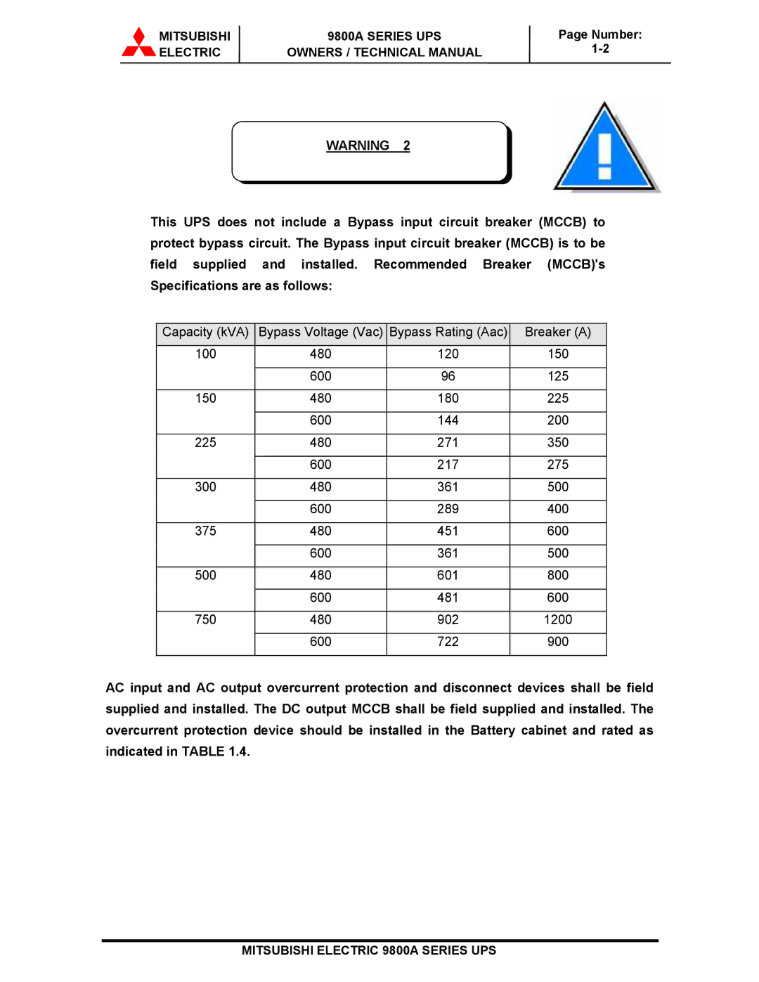 Mitsubishi Electronics 9800A SERIES technical manual Mitsubishi 9800A Series UPS 