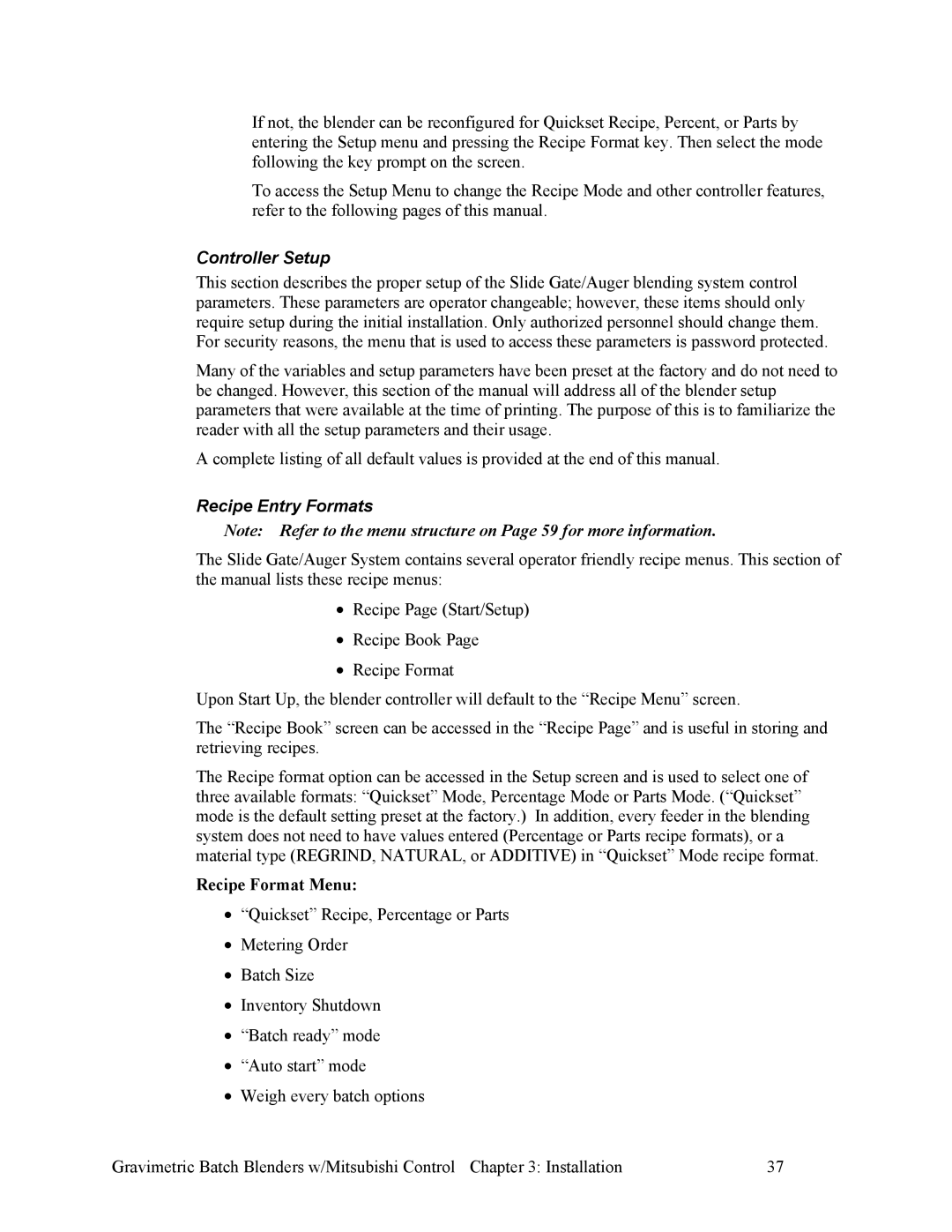 Mitsubishi Electronics A0567659 specifications Controller Setup, Recipe Entry Formats, Recipe Format Menu 