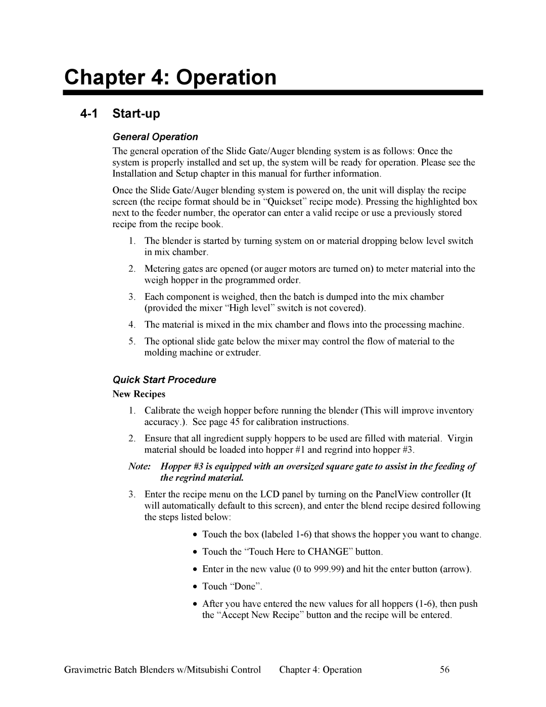 Mitsubishi Electronics A0567659 specifications Start-up, General Operation, Quick Start Procedure, New Recipes 