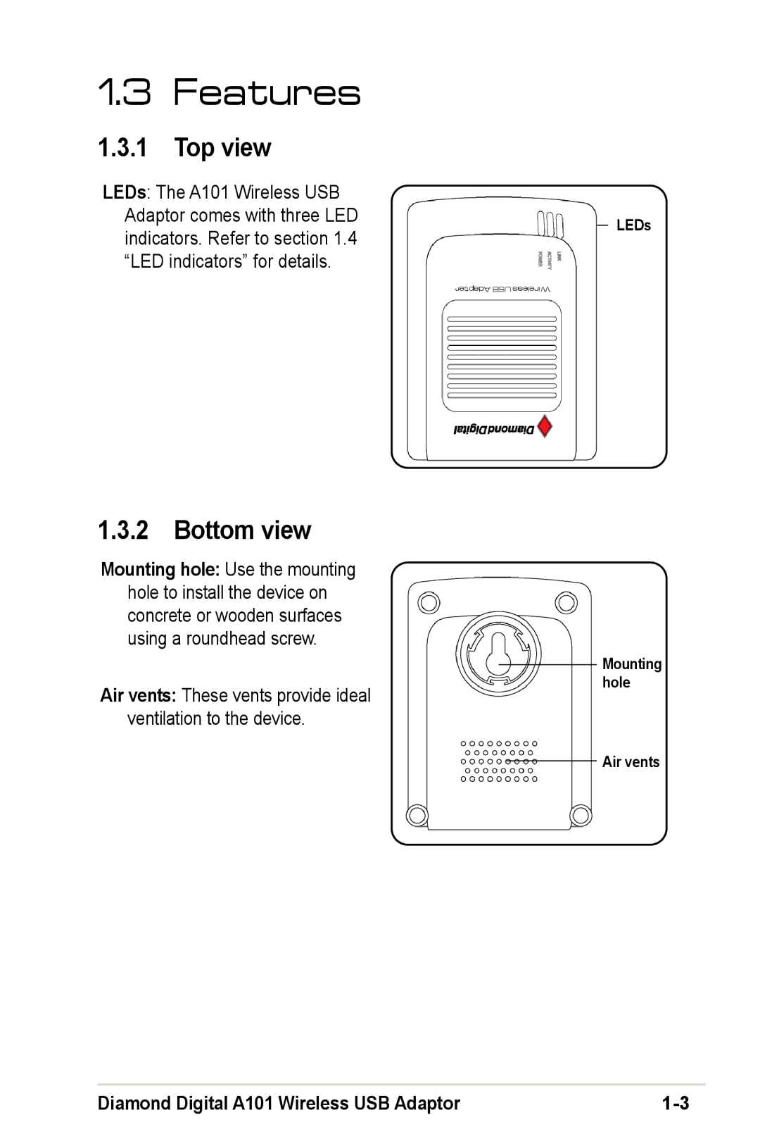 Mitsubishi Electronics user manual Features, Top view, Bottom view, Diamond Digital A101 Wireless USB Adaptor 