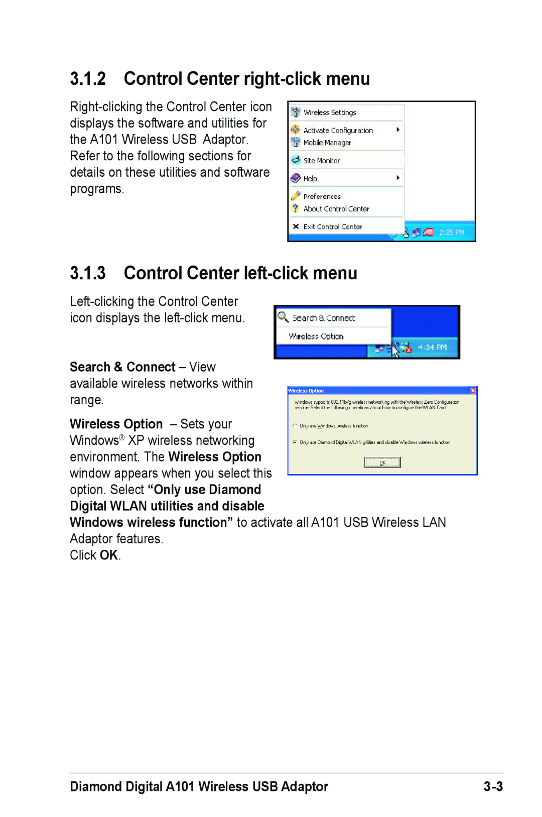 Mitsubishi Electronics A101 user manual Control Center right-click menu, Control Center left-click menu 