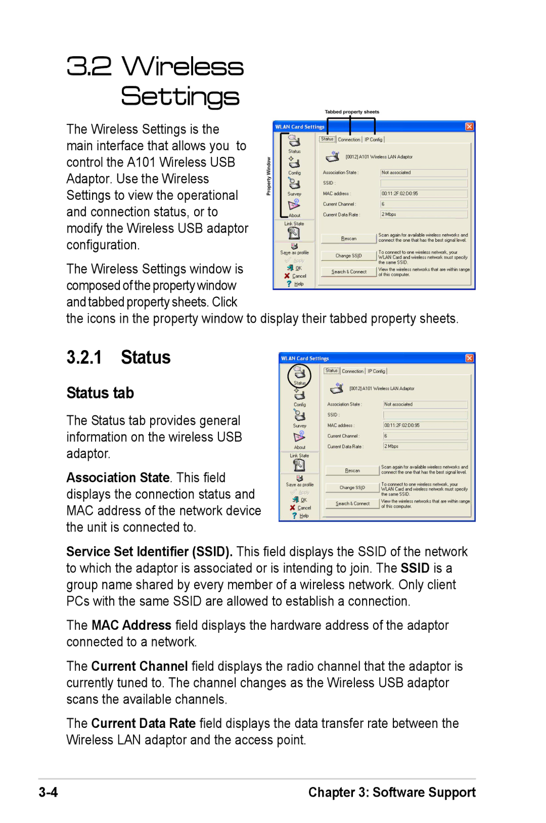 Mitsubishi Electronics A101 user manual Wireless Settings, Status tab 