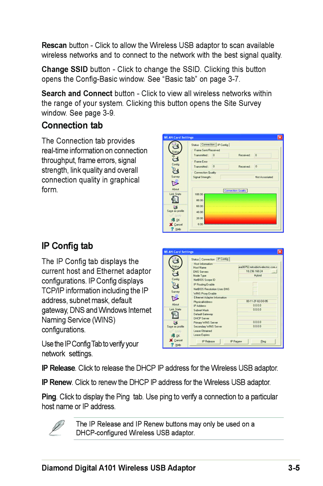 Mitsubishi Electronics A101 user manual Connection tab, IP Config tab 