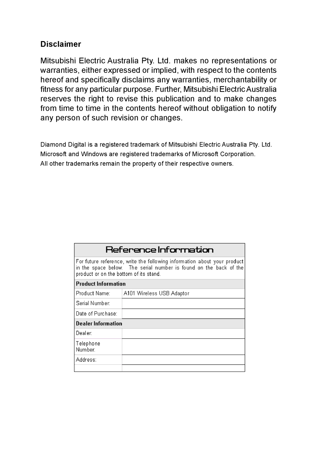 Mitsubishi Electronics A101 user manual Disclaimer 