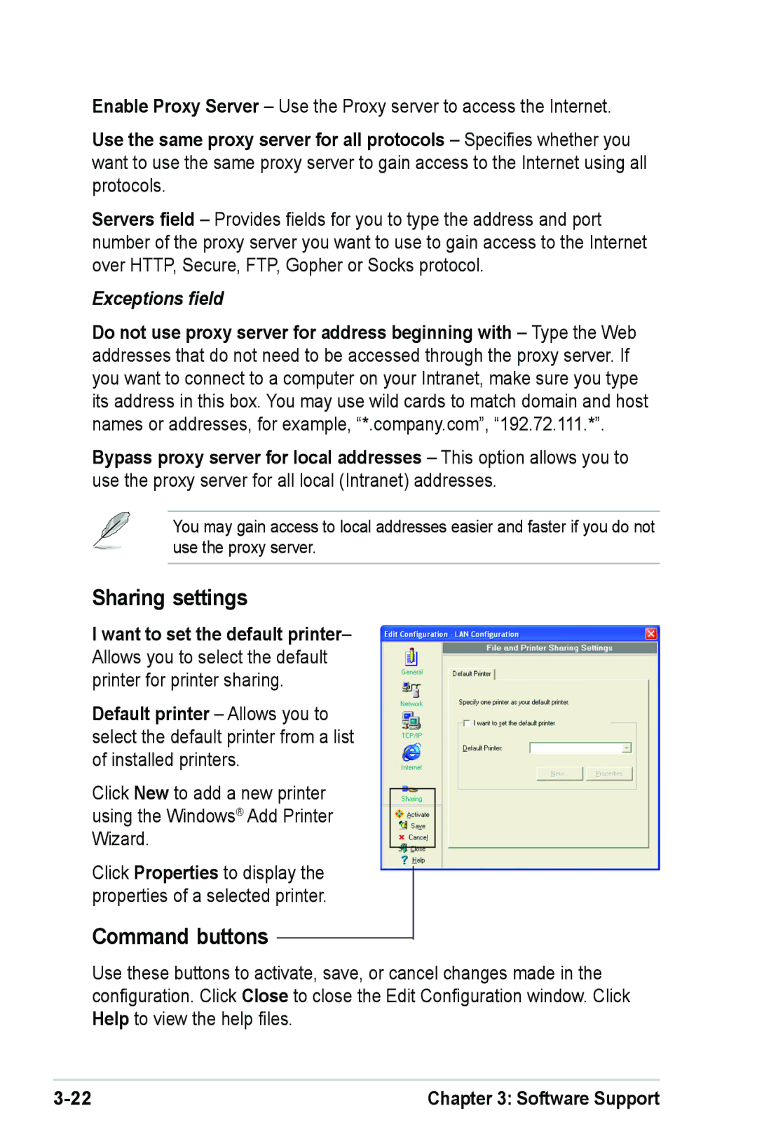 Mitsubishi Electronics A101 user manual Sharing settings, Command buttons 