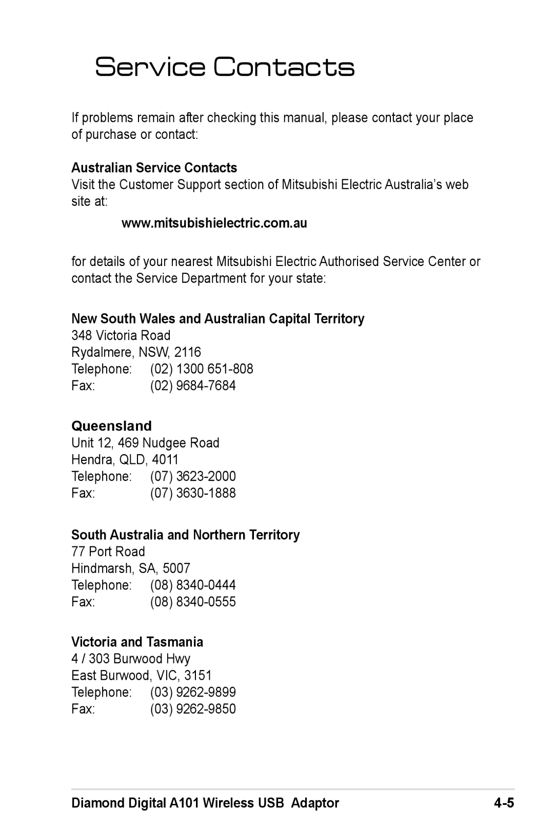 Mitsubishi Electronics A101 user manual Service Contacts 