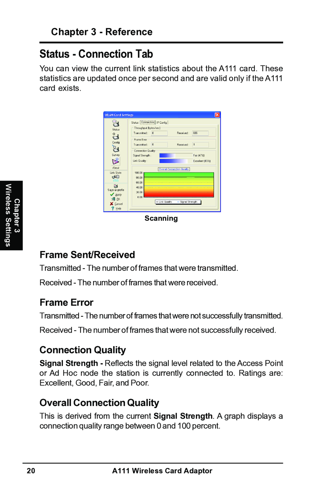 Mitsubishi Electronics A111 user manual Status Connection Tab, Frame Sent/Received, Frame Error, Connection Quality 