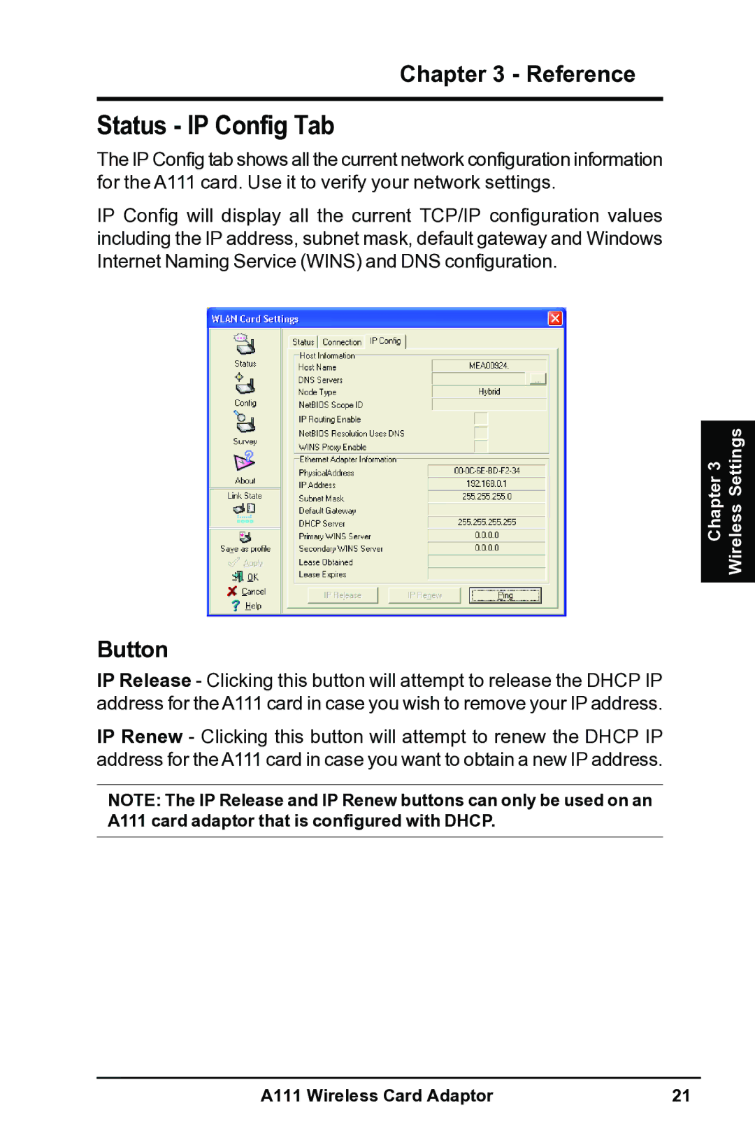 Mitsubishi Electronics A111 user manual Status IP Config Tab, Button 