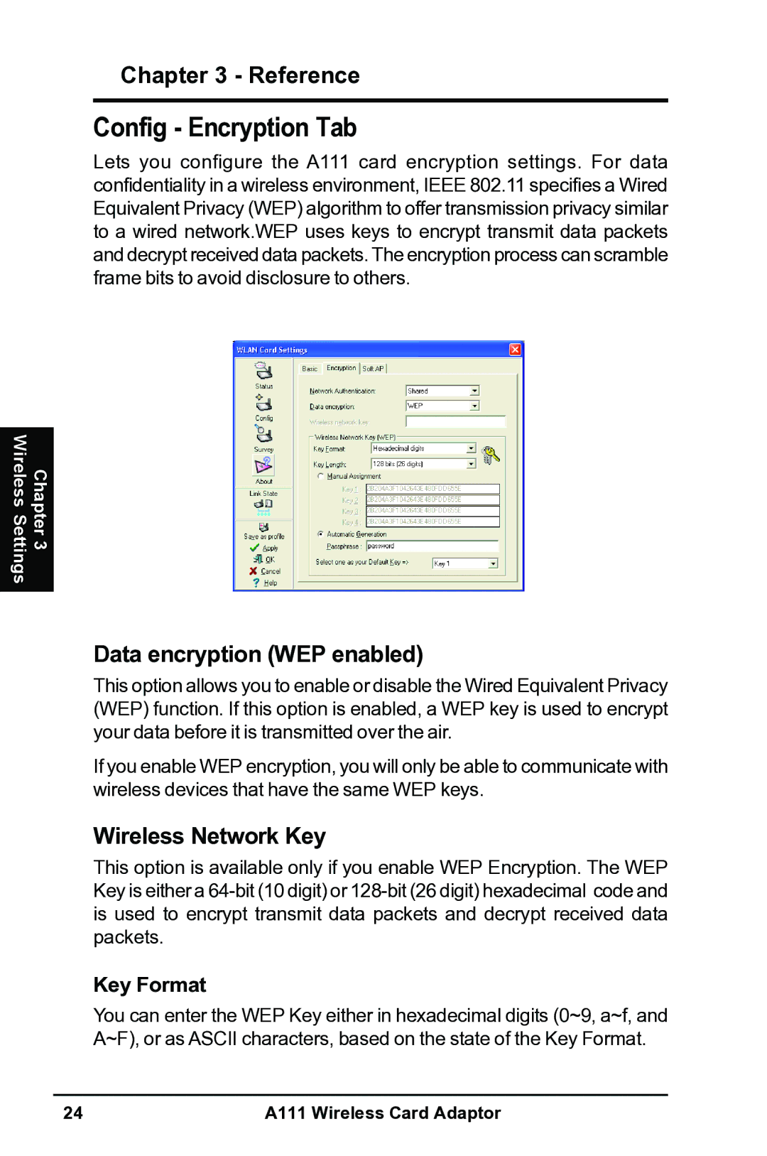 Mitsubishi Electronics A111 user manual Config Encryption Tab, Data encryption WEP enabled, Wireless Network Key 