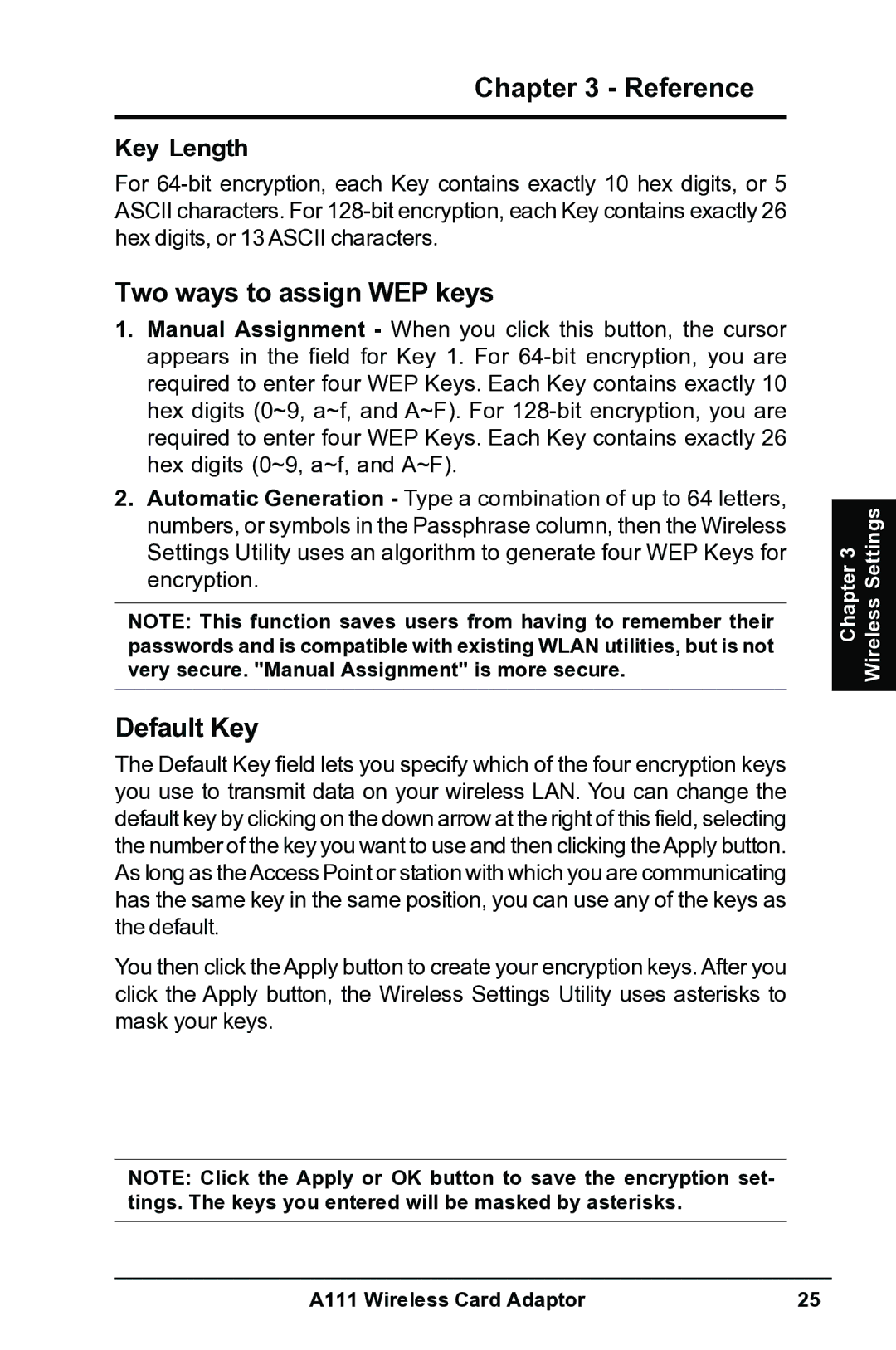 Mitsubishi Electronics A111 user manual Two ways to assign WEP keys, Default Key 