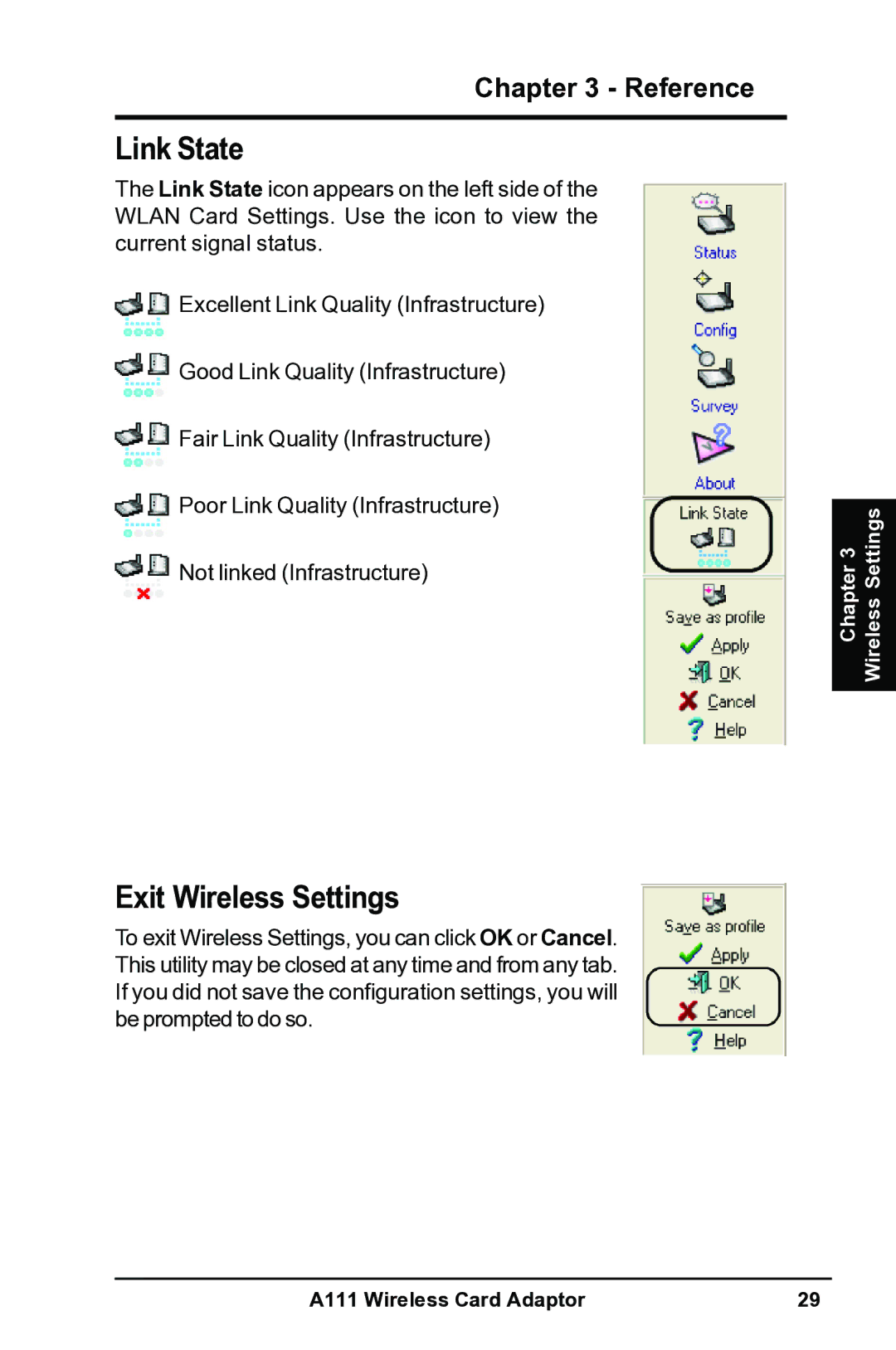 Mitsubishi Electronics A111 user manual Link State, Exit Wireless Settings 