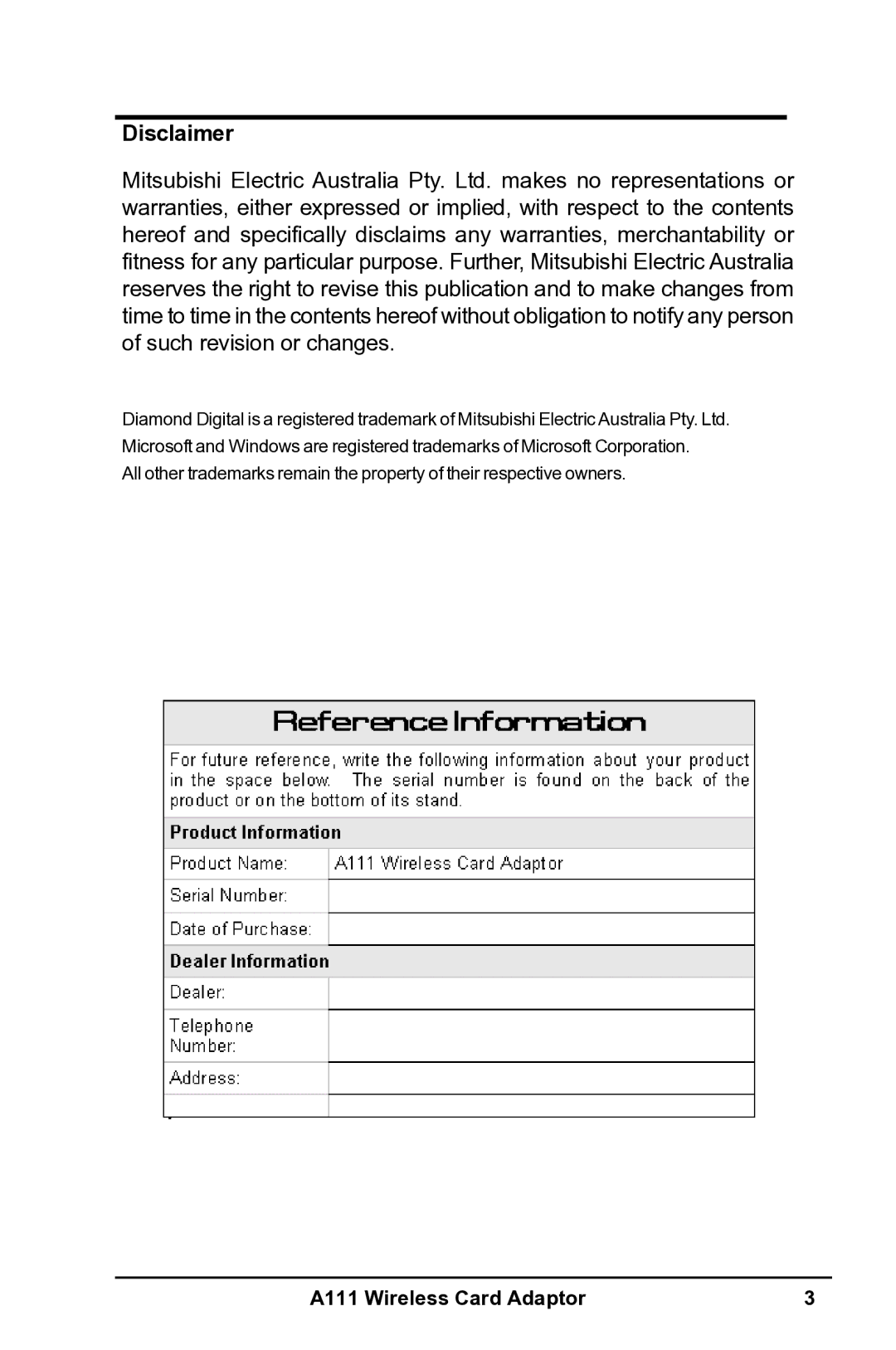 Mitsubishi Electronics A111 user manual Disclaimer 