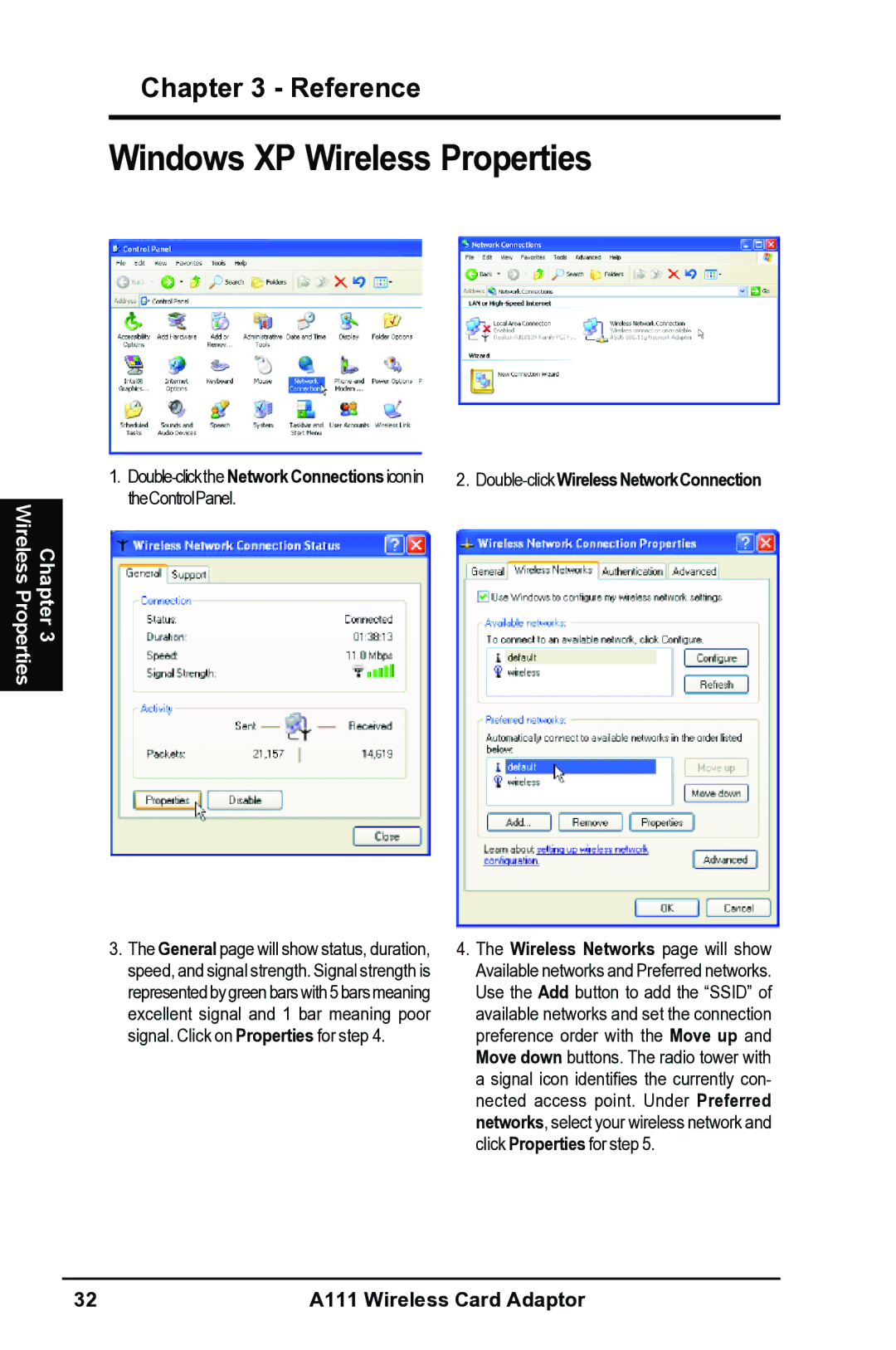 Mitsubishi Electronics A111 user manual Windows XP Wireless Properties, Wireless Properties Chapter 