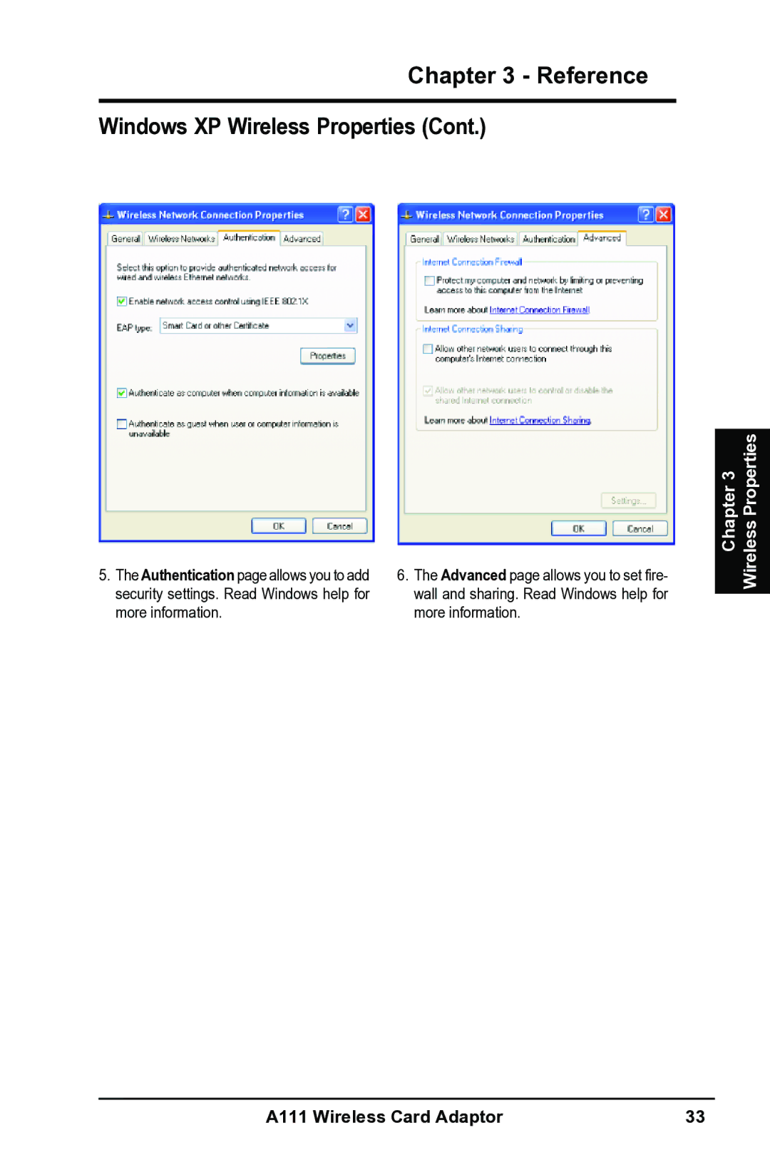 Mitsubishi Electronics A111 user manual Reference Windows XP Wireless Properties 