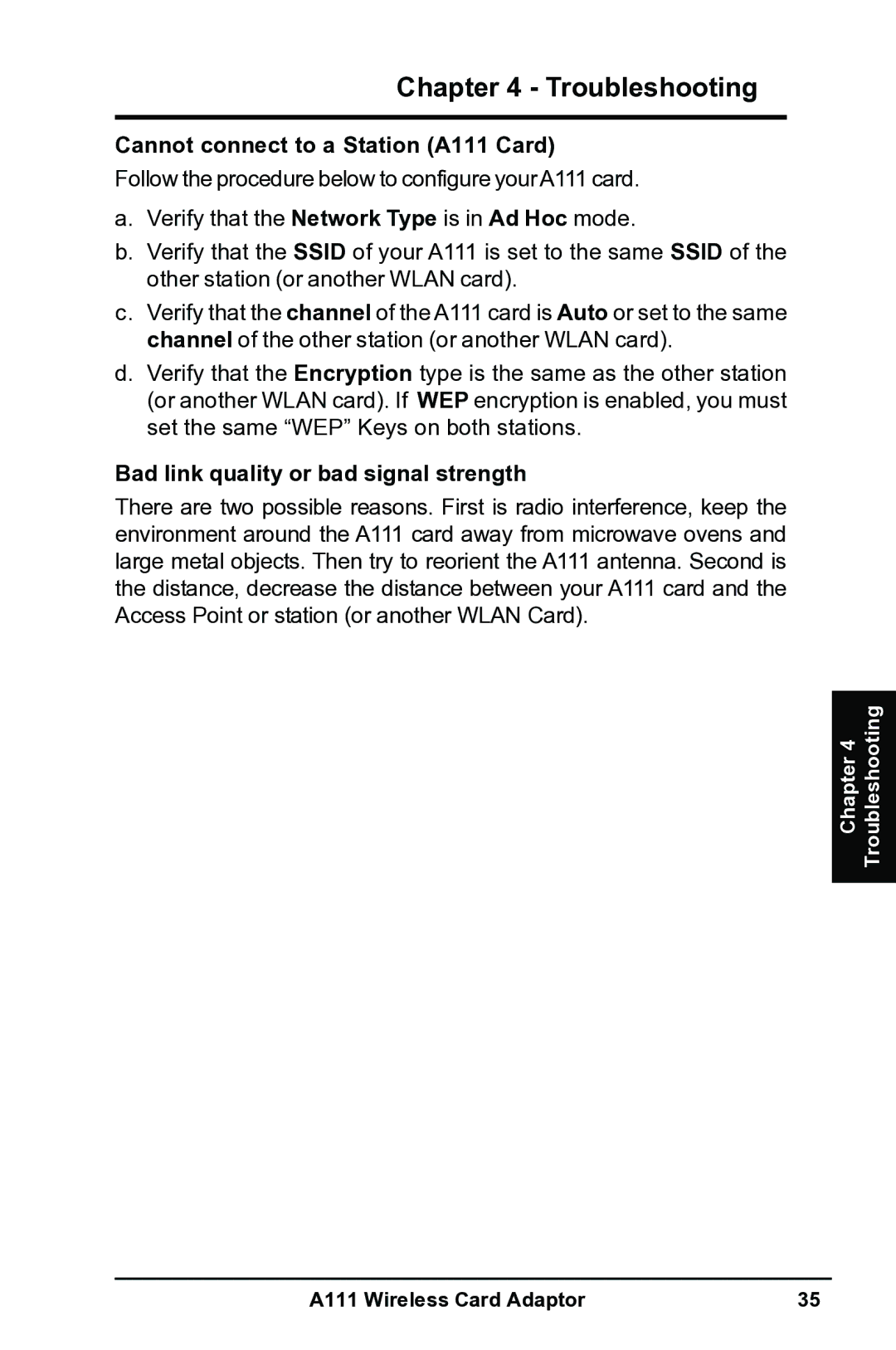 Mitsubishi Electronics user manual Cannot connect to a Station A111 Card, Bad link quality or bad signal strength 