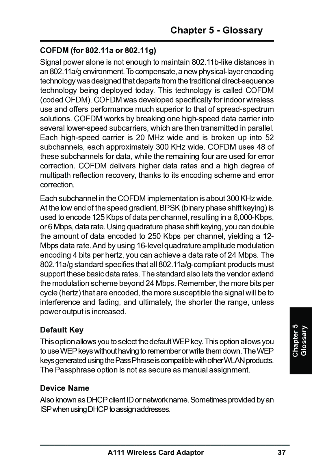 Mitsubishi Electronics A111 user manual Cofdm for 802.11a or 802.11g, Default Key, Device Name 