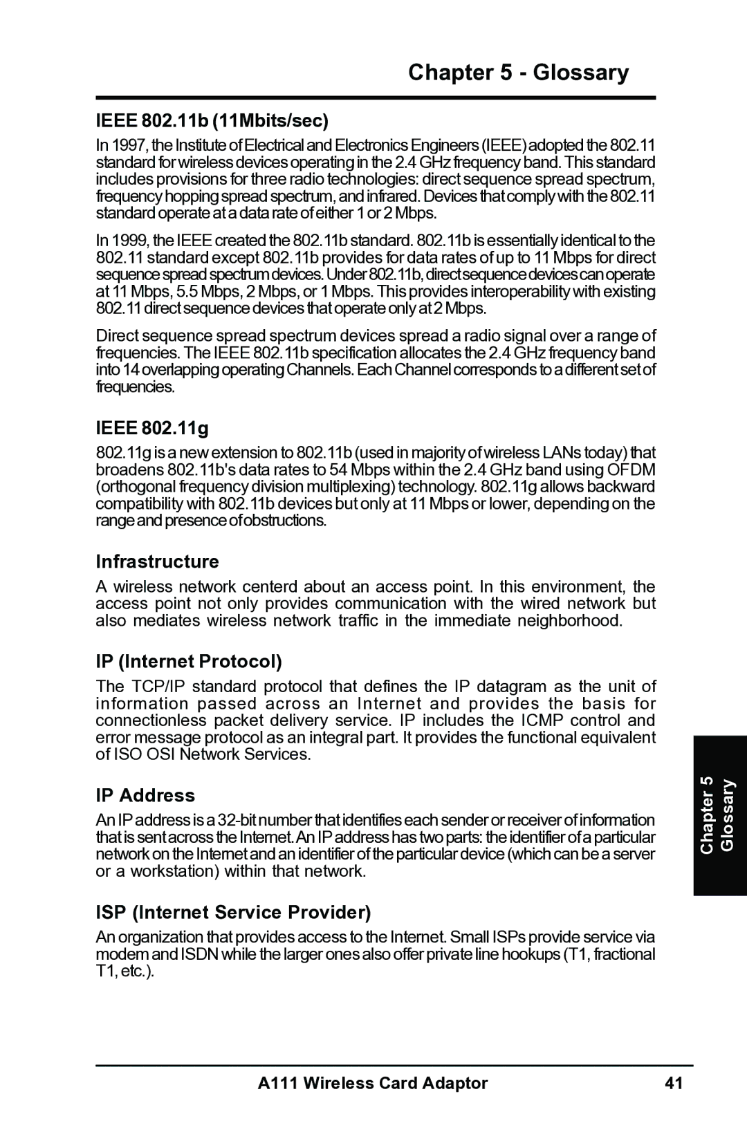 Mitsubishi Electronics A111 Ieee 802.11b 11Mbits/sec, Ieee 802.11g, Infrastructure, IP Internet Protocol, IP Address 