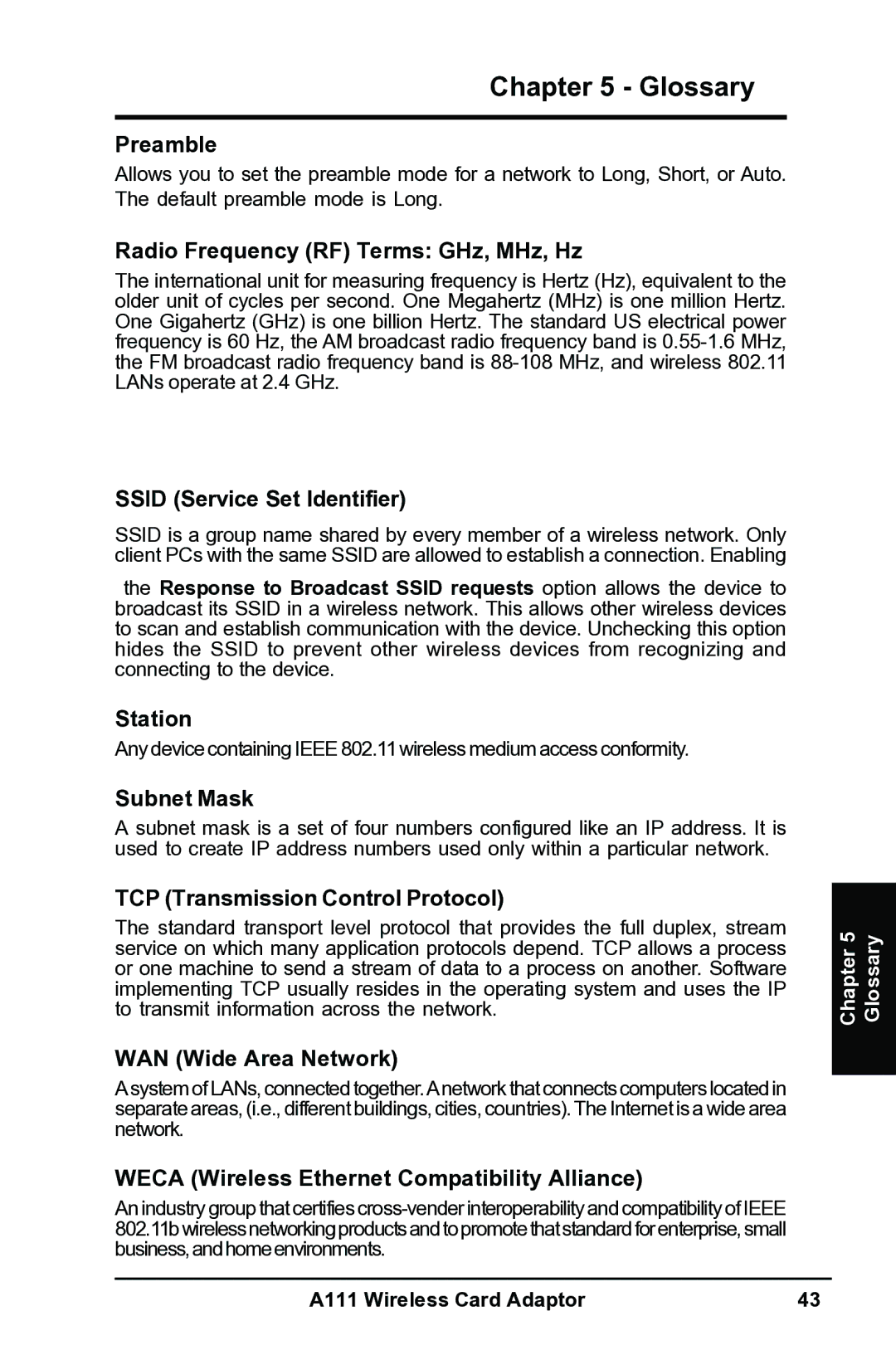 Mitsubishi Electronics A111 Preamble, Radio Frequency RF Terms GHz, MHz, Hz, Ssid Service Set Identifier, Station 