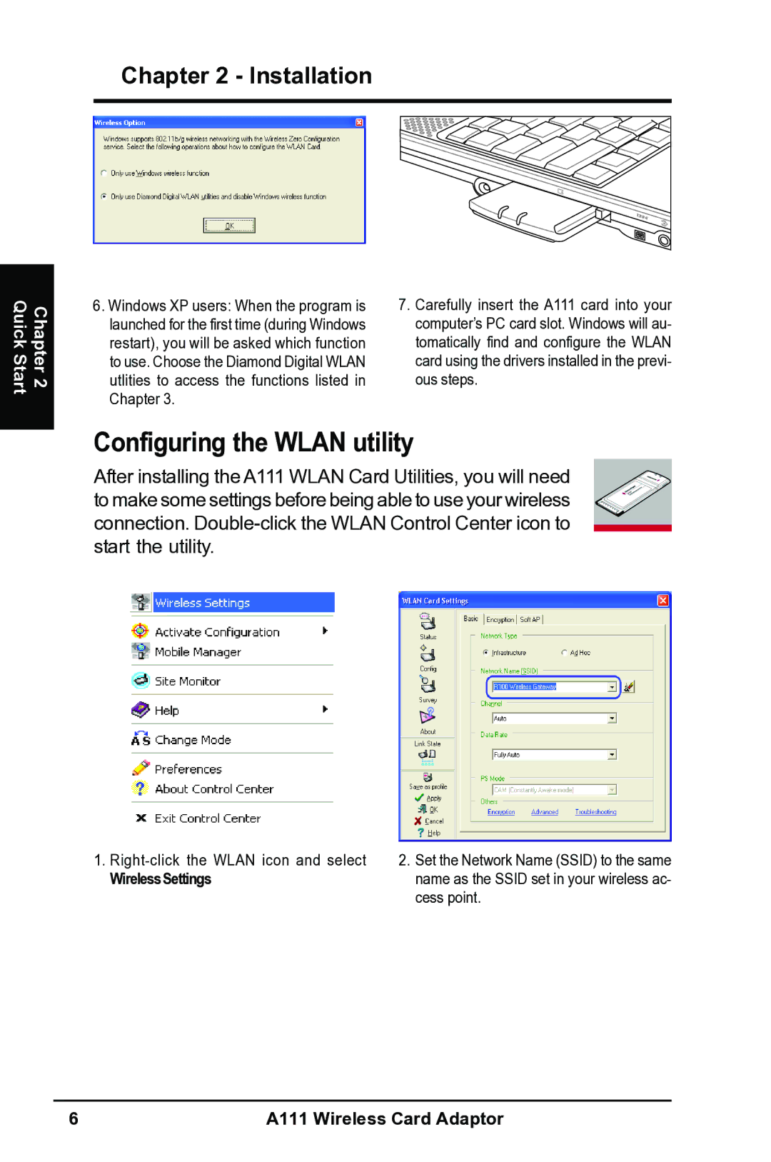 Mitsubishi Electronics A111 user manual Configuring the Wlan utility 