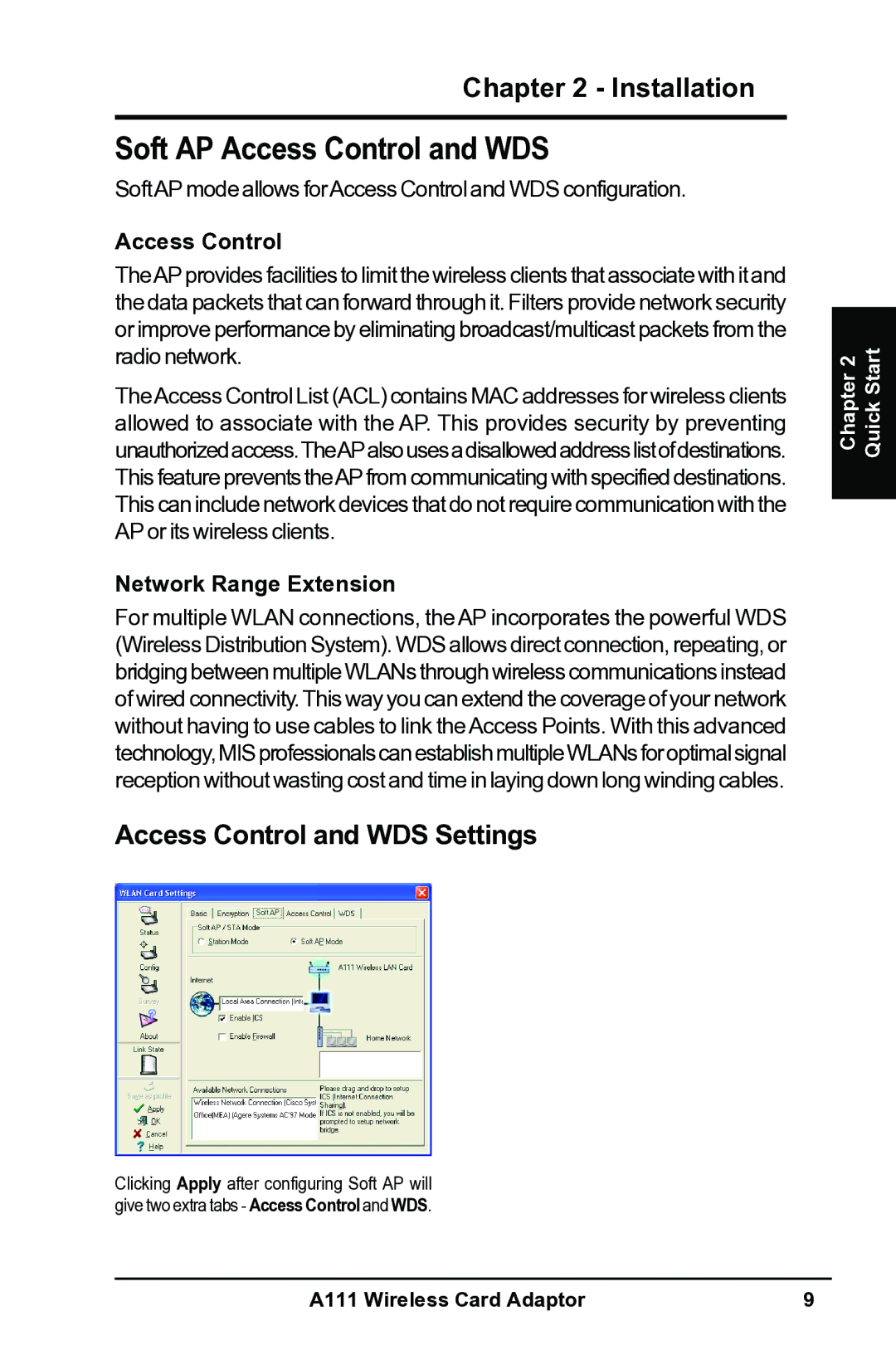 Mitsubishi Electronics A111 Soft AP Access Control and WDS, Access Control and WDS Settings, Network Range Extension 