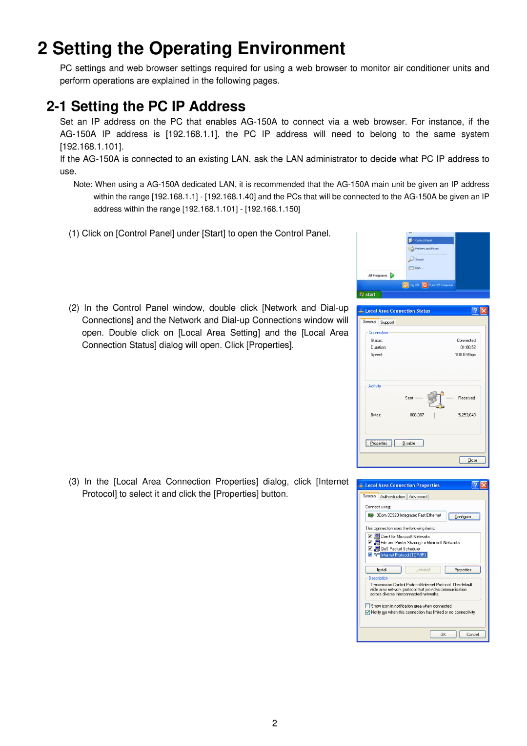 Mitsubishi Electronics AG-150A, GB-50ADA-A, GB-50ADA-J manual Setting the Operating Environment, Setting the PC IP Address 