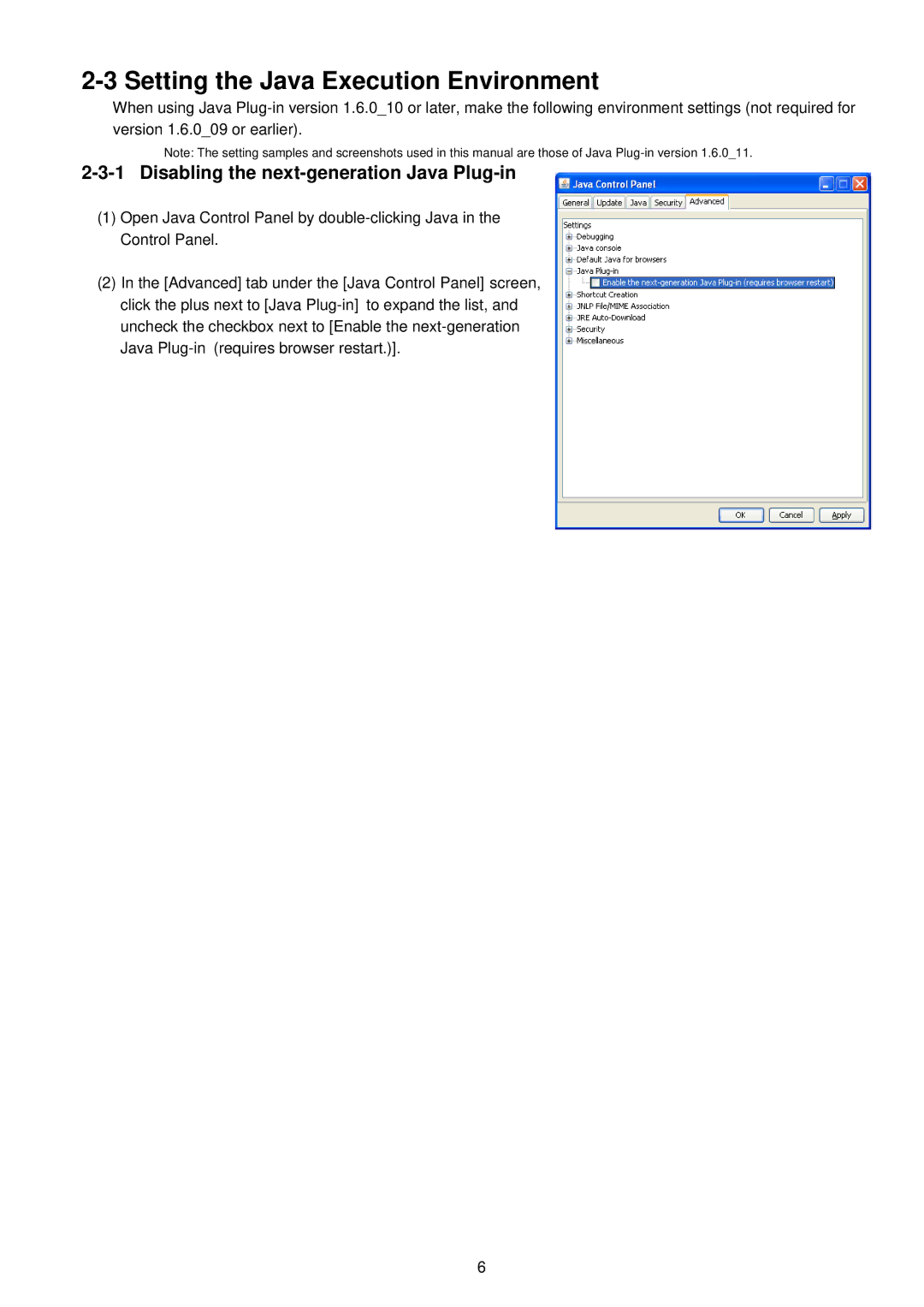 Mitsubishi Electronics GB-50ADA-A manual Setting the Java Execution Environment, Disabling the next-generation Java Plug-in 