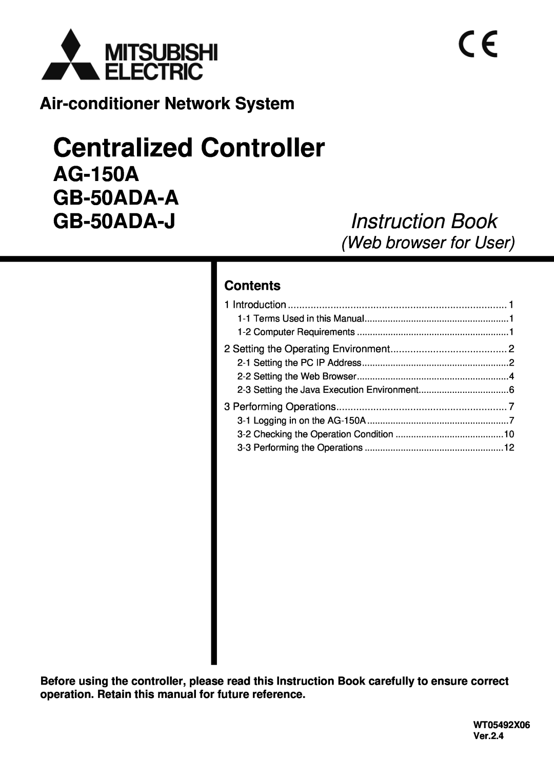 Mitsubishi Electronics GB-50ADA-A manual Centralized Controller, AG-150A, GB-50ADA-J, Instruction Book, Contents 