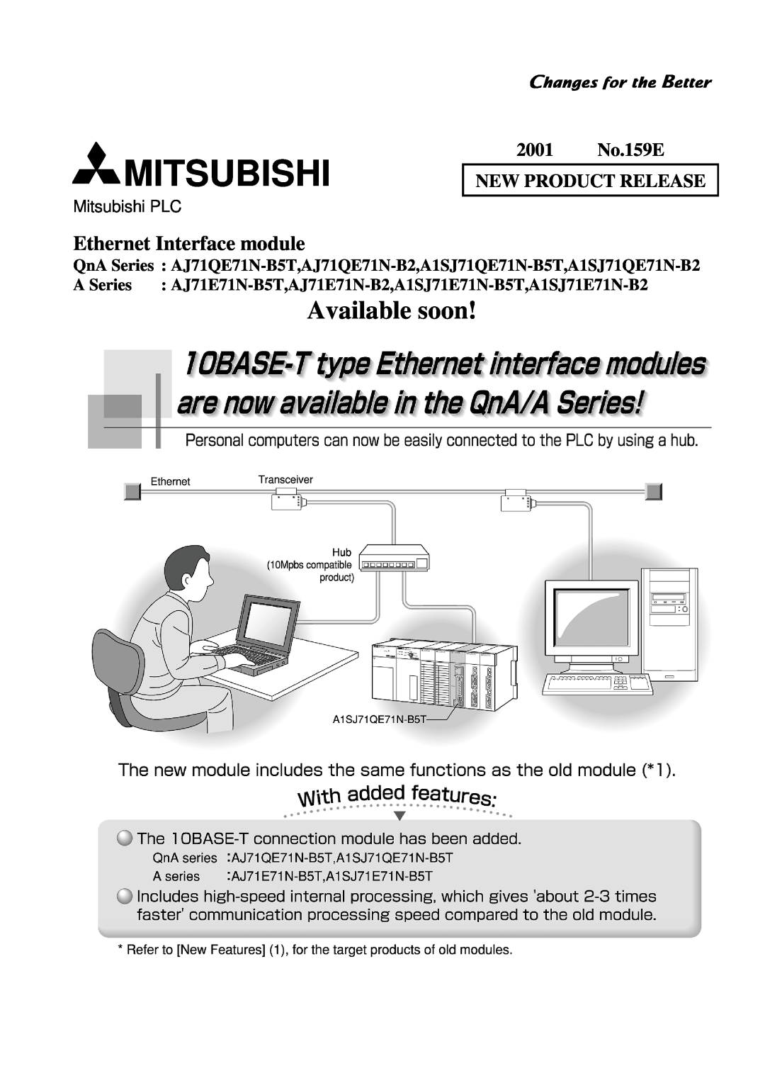 Mitsubishi Electronics A1SJ71E71N-B5T, AJ71QE71N-B5T manual Available soon, Ethernet Interface module, Mitsubishi PLC 