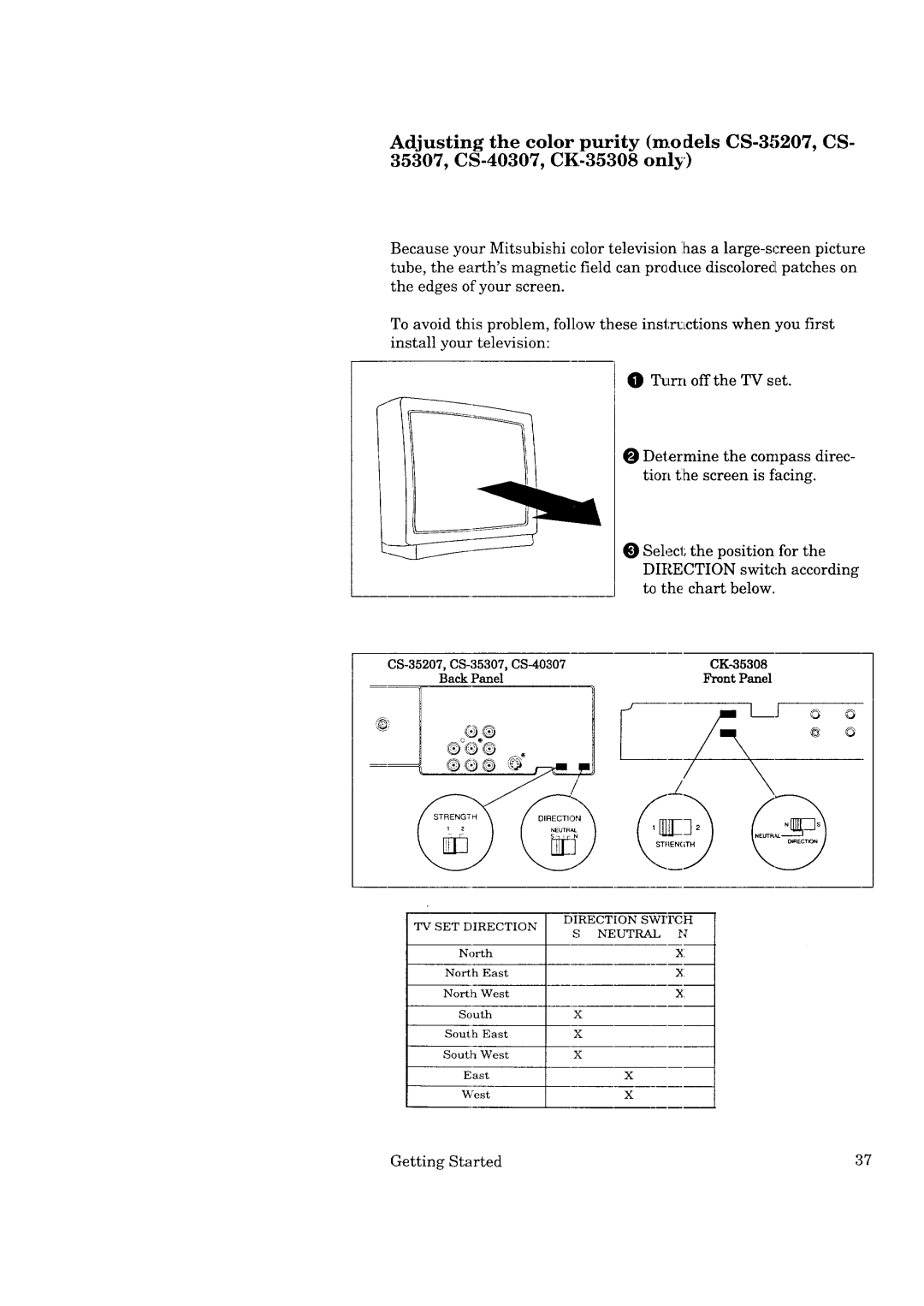 Mitsubishi Electronics CK-32307, CS-35207, CS-40307 manual Adjusting the color purity models C8-35207, C8, CK-35308 