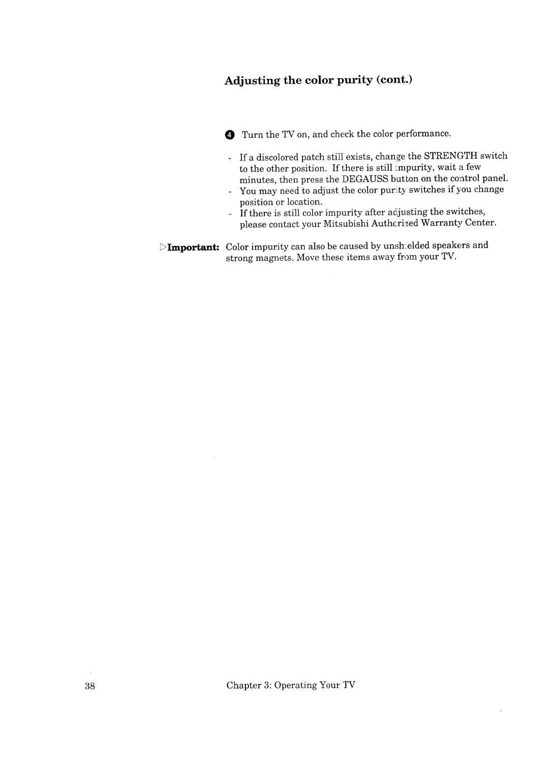 Mitsubishi Electronics CS-35207, CK-35308, CK-32307, CS-40307 manual Adjusting the color purity 