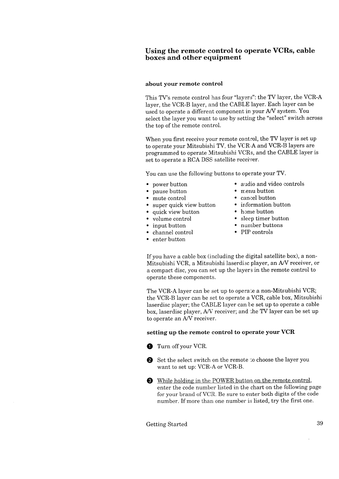 Mitsubishi Electronics CS-40307, CK-35308 About your remote control, Setting up the remote control to operate your VCR 