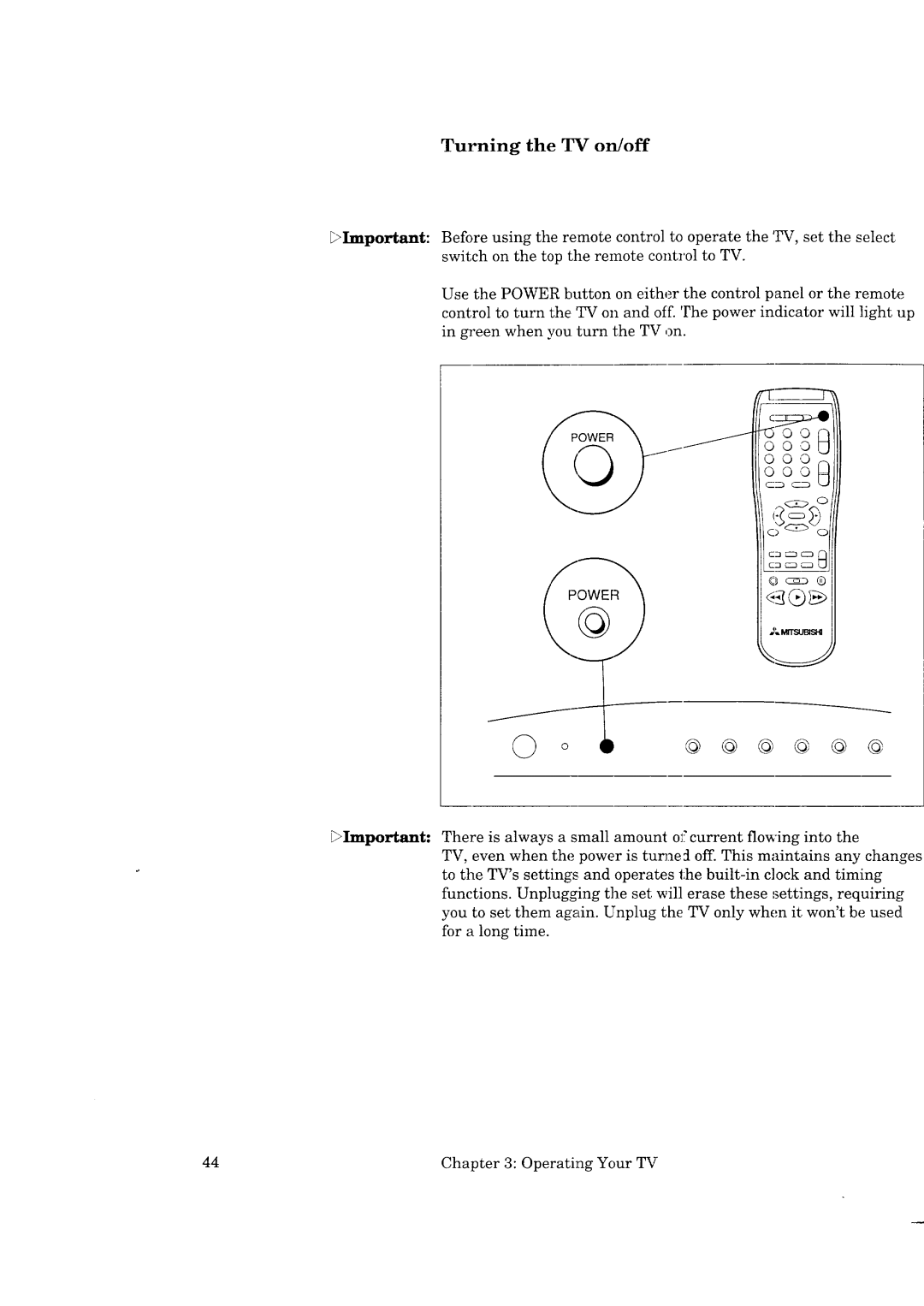 Mitsubishi Electronics CK-35308, CK-32307, CS-35207, CS-40307 manual @ @ @ @ @ @, Turning the TV on/off 