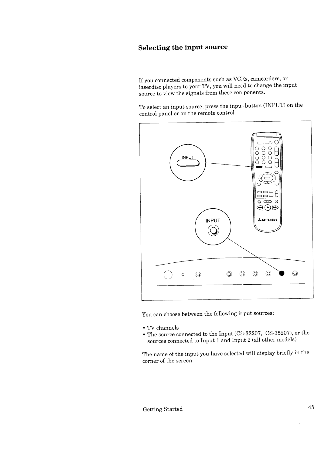 Mitsubishi Electronics CK-32307, CK-35308, CS-35207, CS-40307 manual Selecting the input source 