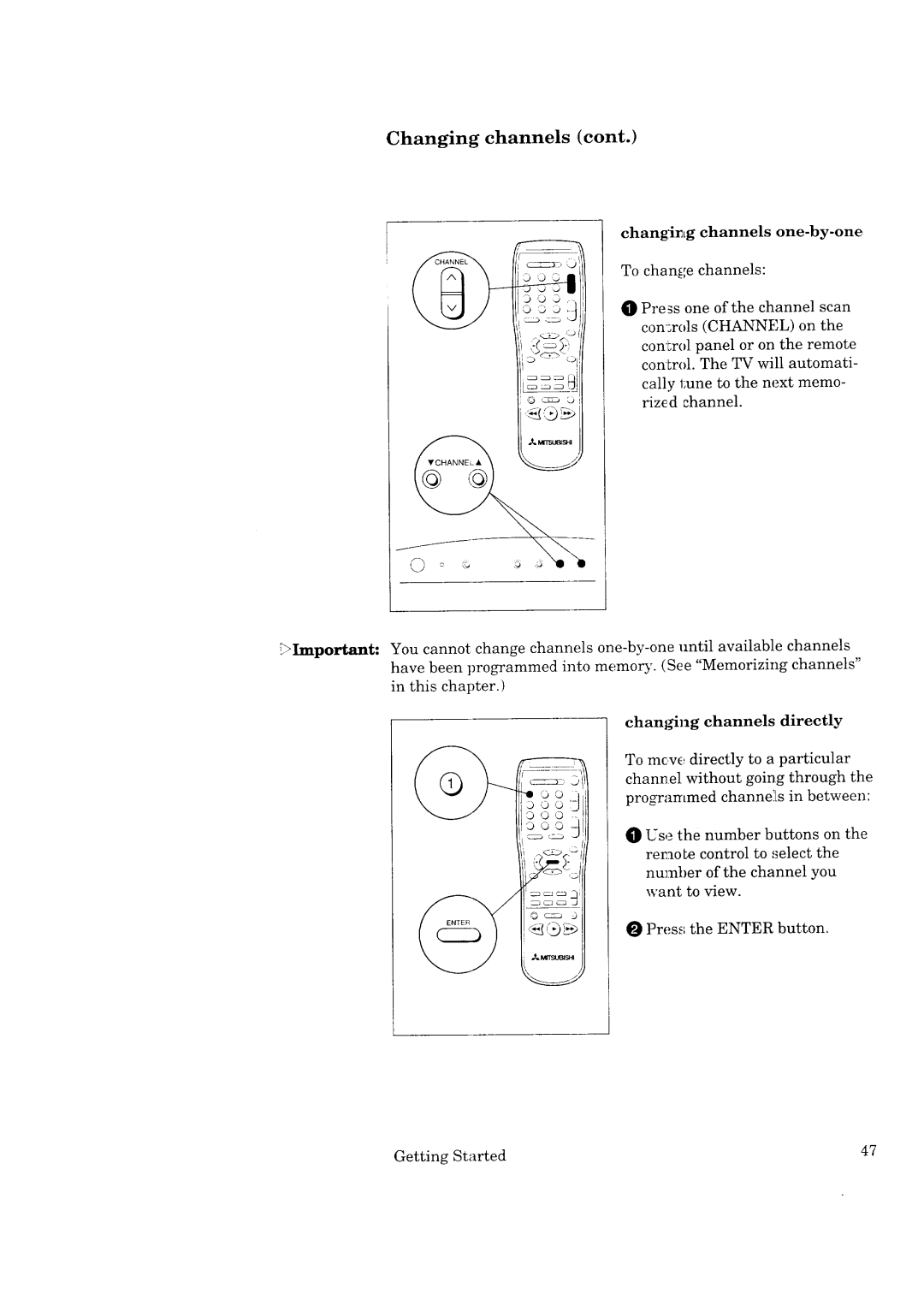 Mitsubishi Electronics CS-40307, CK-35308, CK-32307, CS-35207 manual Changfing channels one-by-one, Channels Directly 