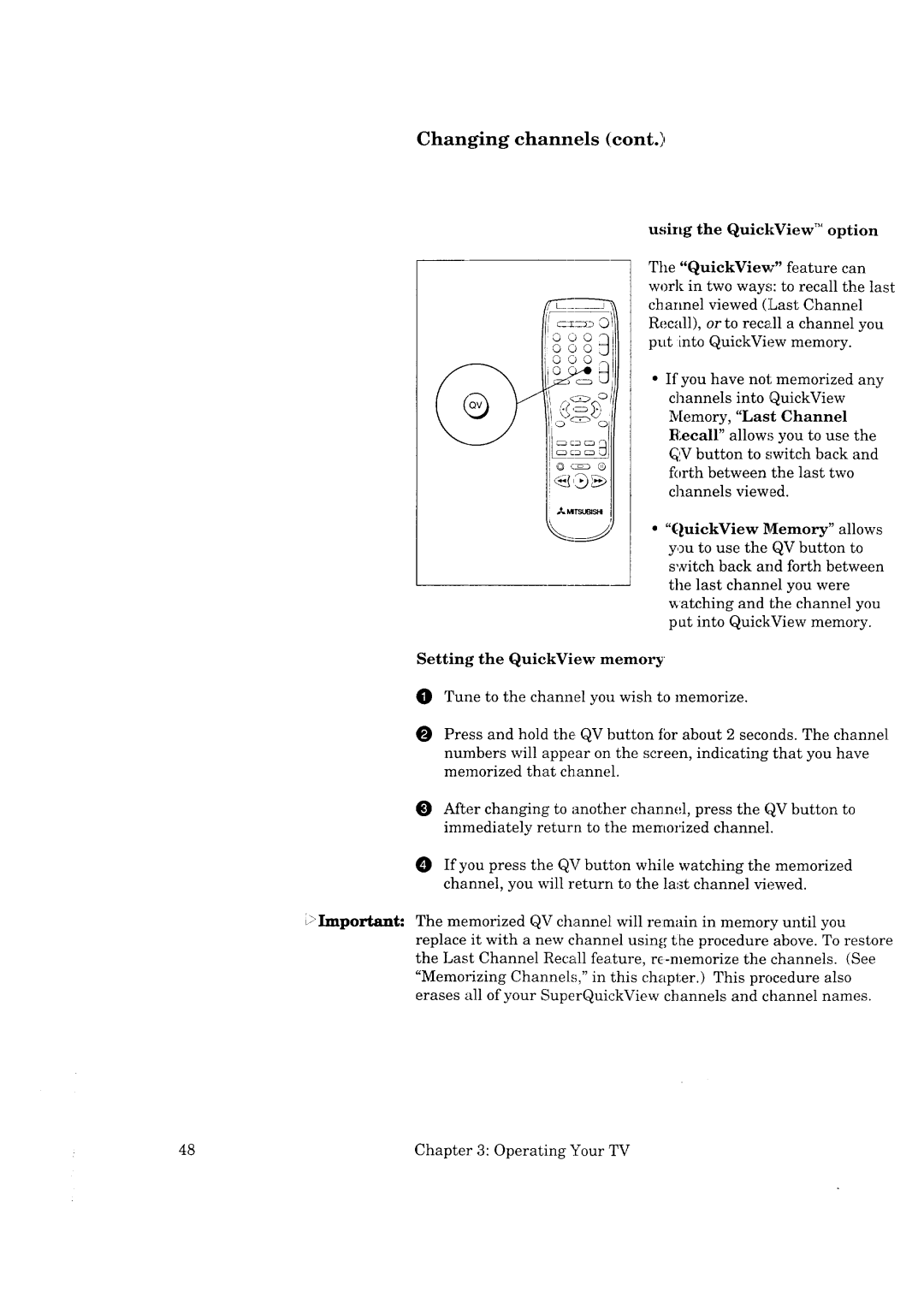 Mitsubishi Electronics CK-35308, CK-32307, CS-35207, CS-40307 Using the QuickView TM option, Setting the QuickView memory 