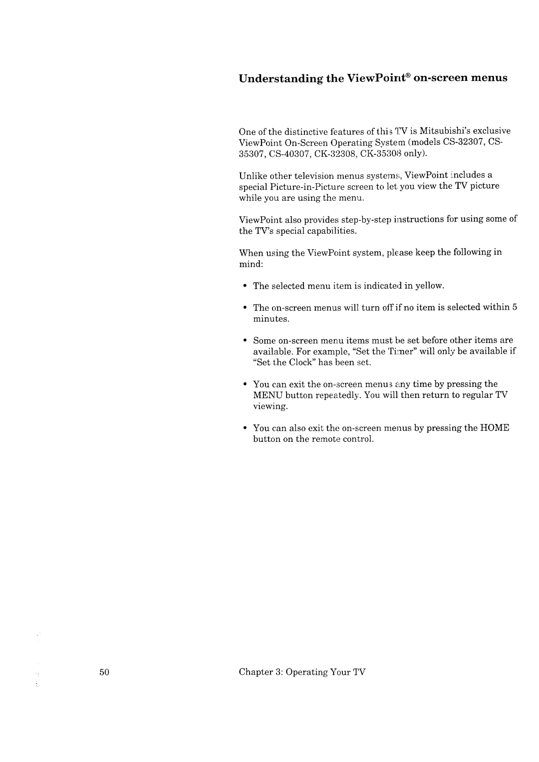 Mitsubishi Electronics CS-35207, CK-35308, CK-32307, CS-40307 manual Understanding the ViewPoint on-screen menus 