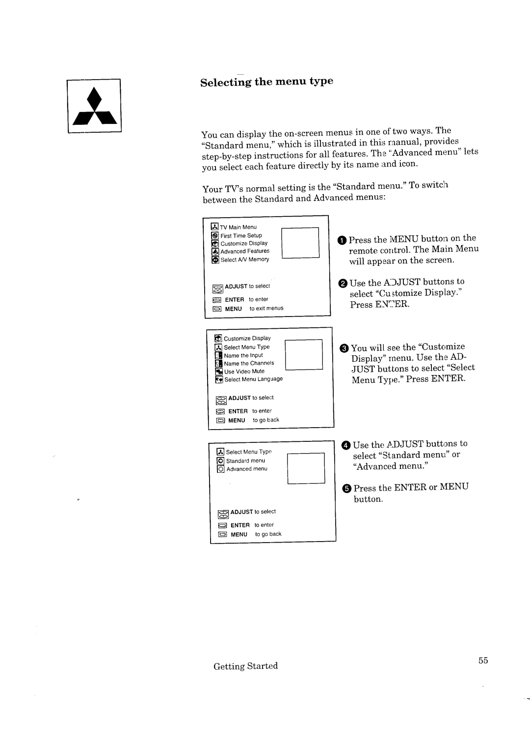 Mitsubishi Electronics CS-40307, CK-35308, CK-32307, CS-35207 manual Selecting the menu type, Menu to exit menus 