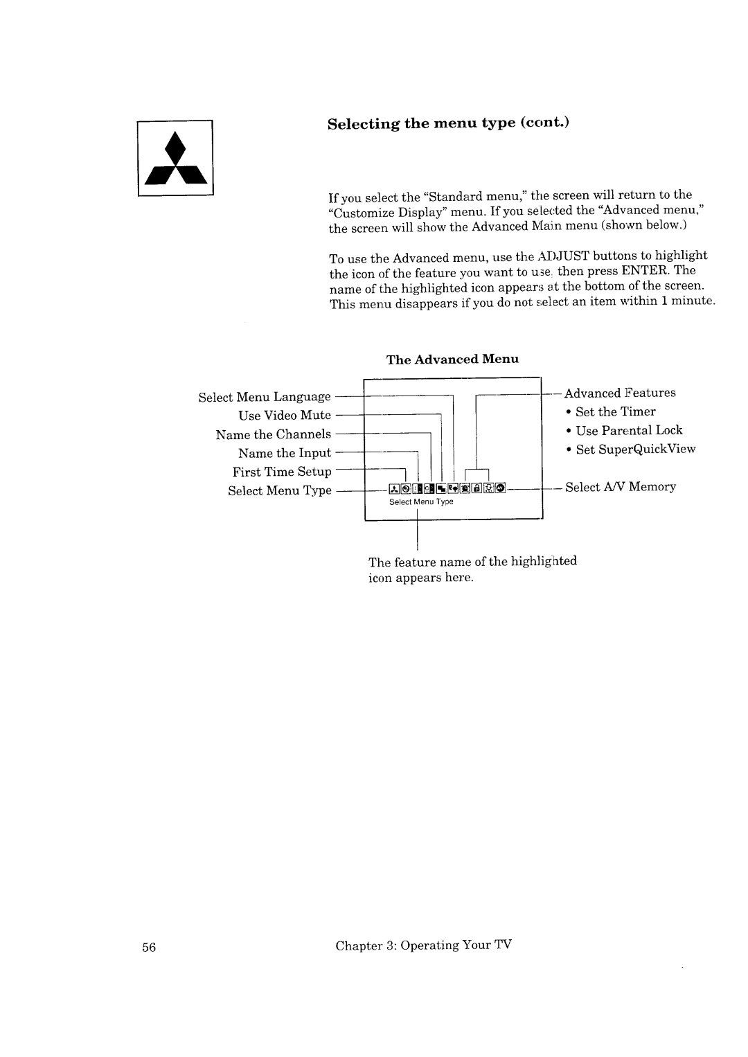 Mitsubishi Electronics CK-35308, CK-32307, CS-35207, CS-40307 manual Selecting the menu type, Advanced Menu 